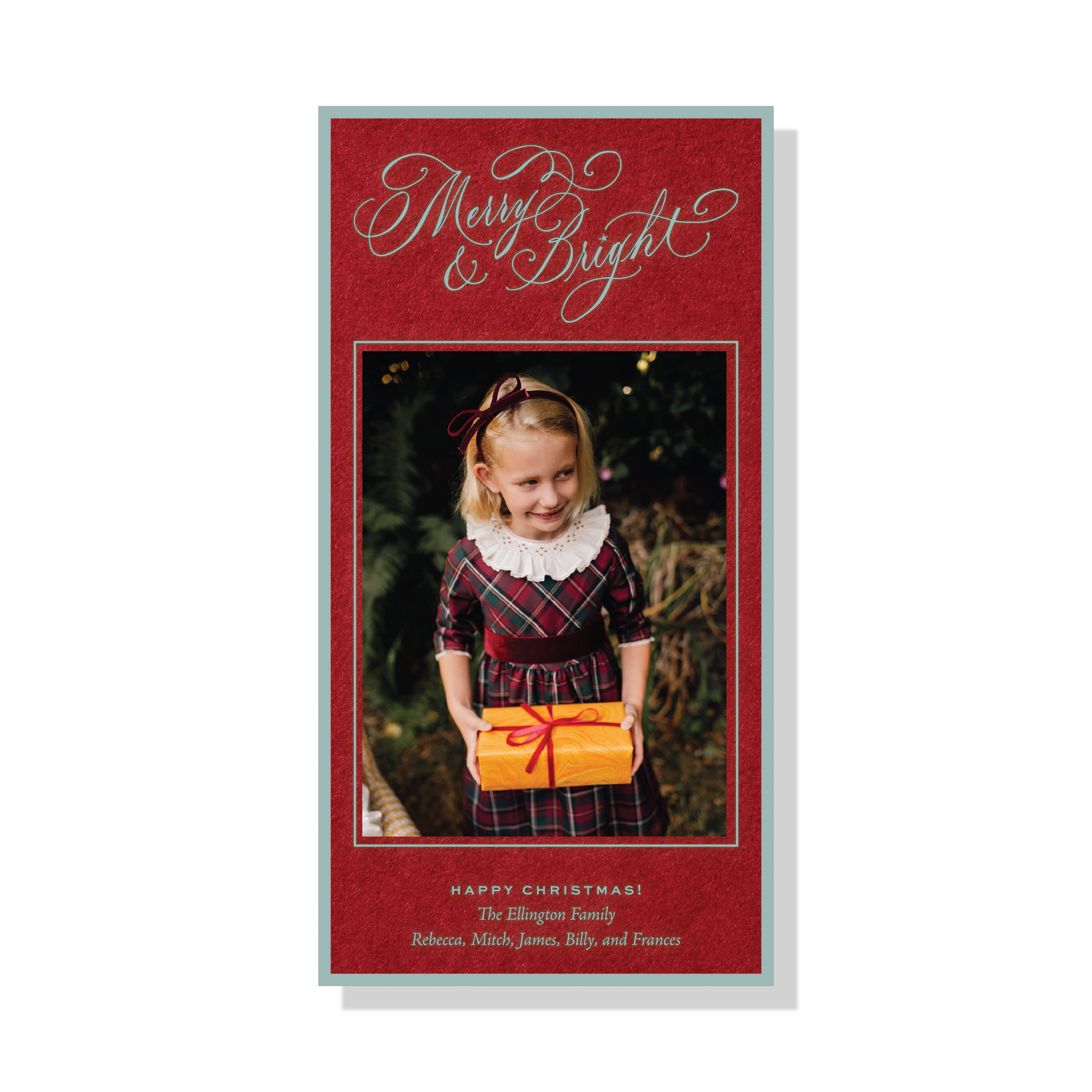 Ellington Engraved Christmas Photo Card with elegant “Merry & Bright” calligraphy, a personalized family photo, and crisp raised engraving.