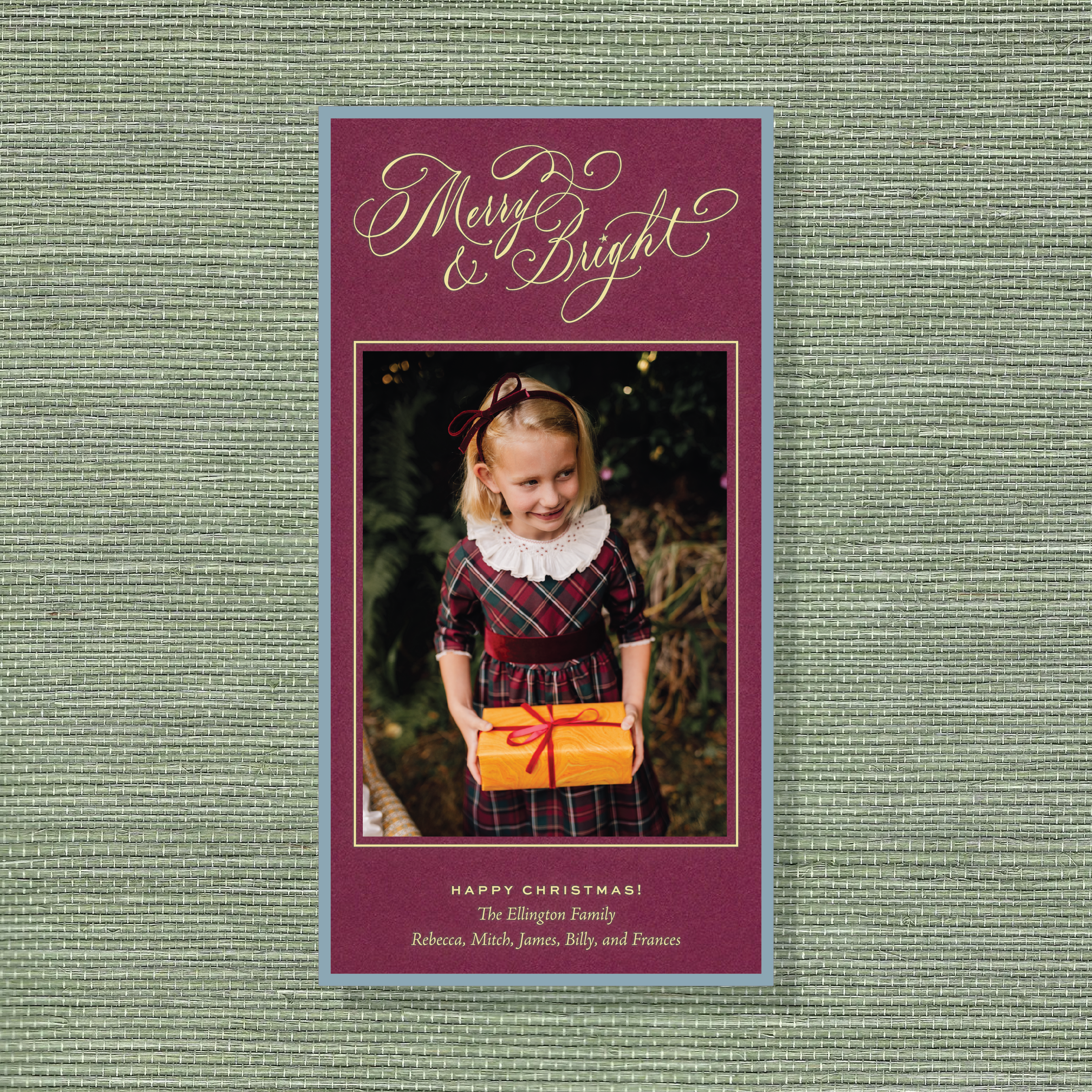 Ellington Engraved Christmas Photo Card with elegant “Merry & Bright” calligraphy, a personalized family photo, and crisp raised engraving.