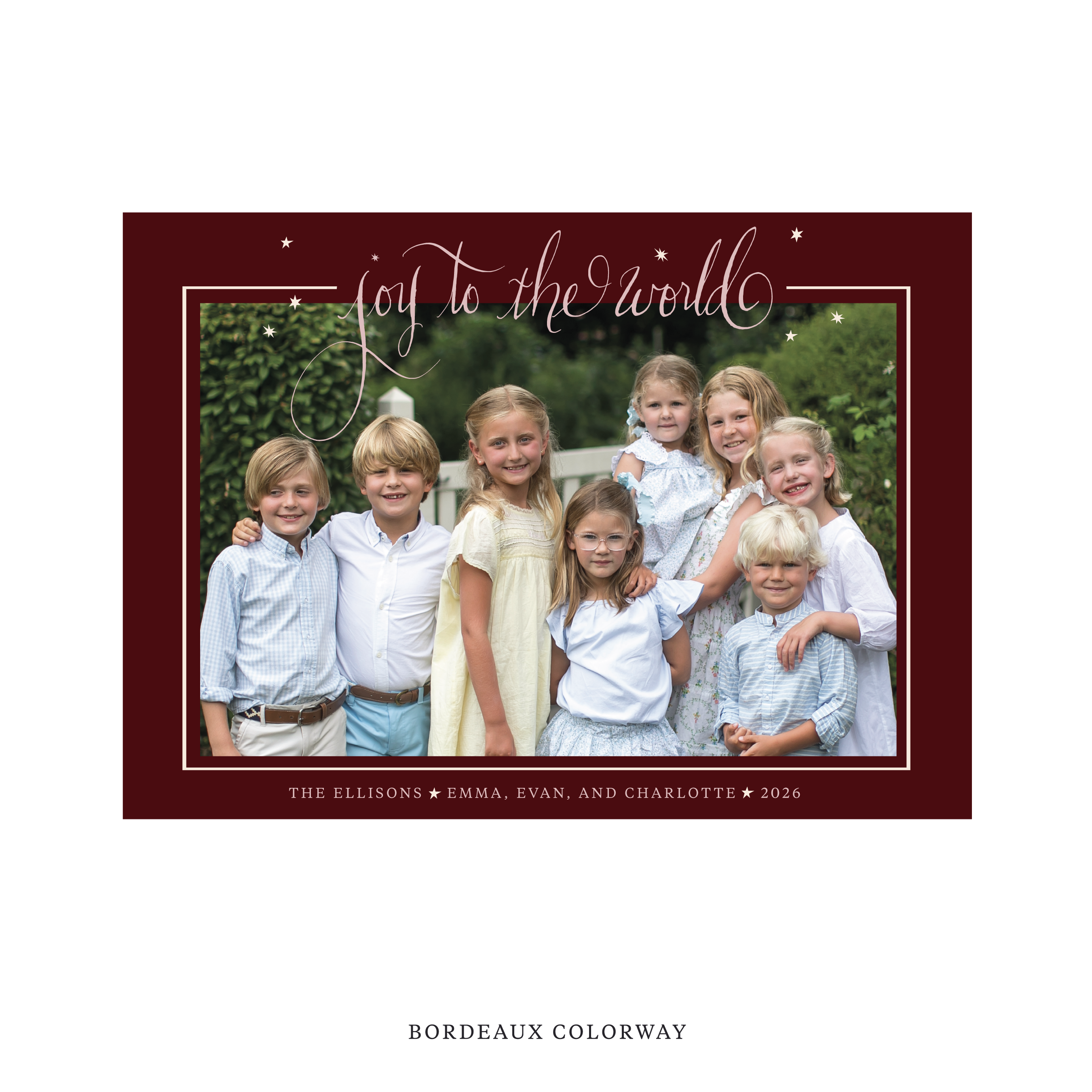 Celebrate the season with the Ellison "Joy to the World" Holiday Card by Stovall Collection. Featuring original hand-lettered artwork, this luxury personalized photo mount holiday card is available in 22 thoughtfully curated flat printing colorways.
