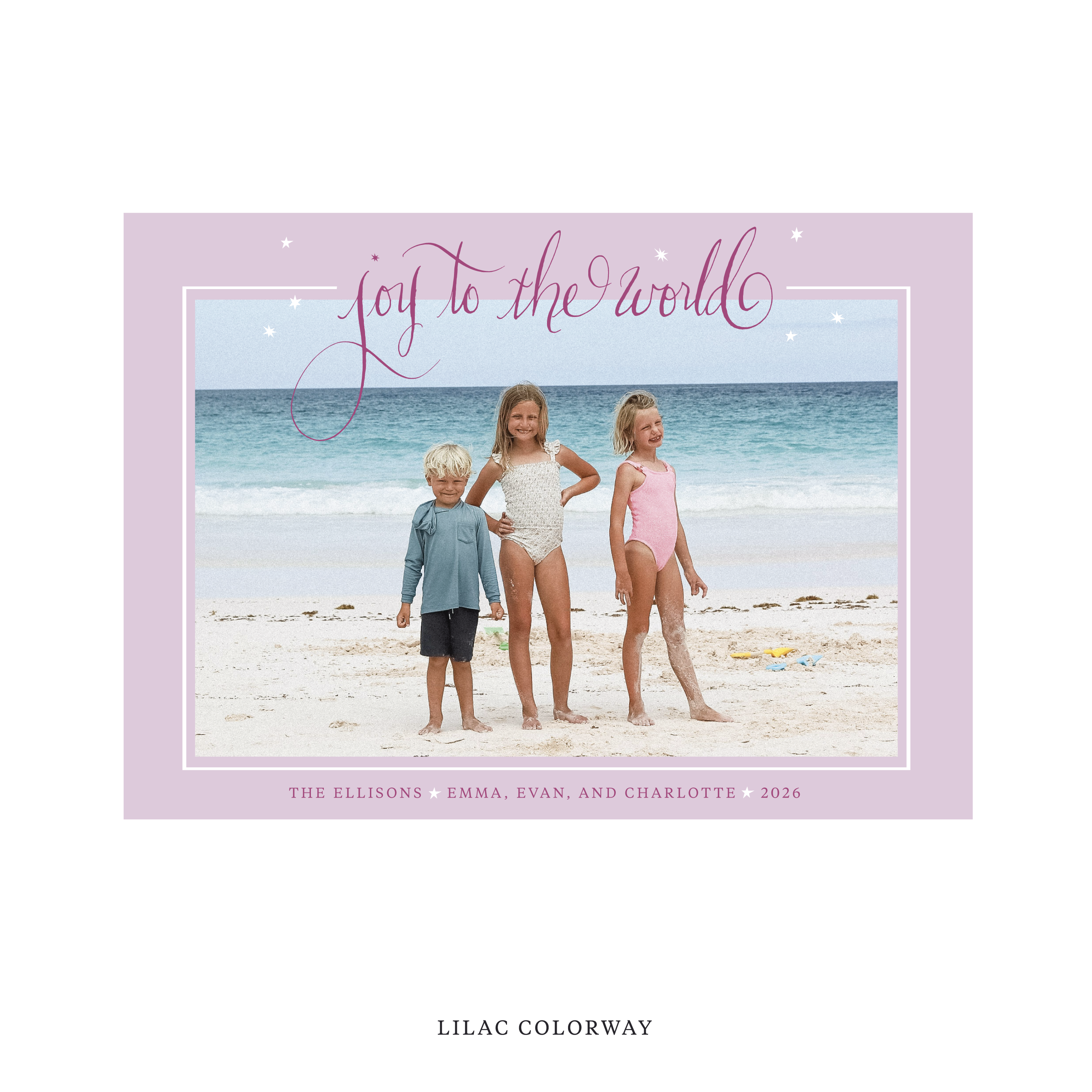 Celebrate the season with the Ellison "Joy to the World" Holiday Card by Stovall Collection. Featuring original hand-lettered artwork, this luxury personalized photo mount holiday card is available in 22 thoughtfully curated flat printing colorways.