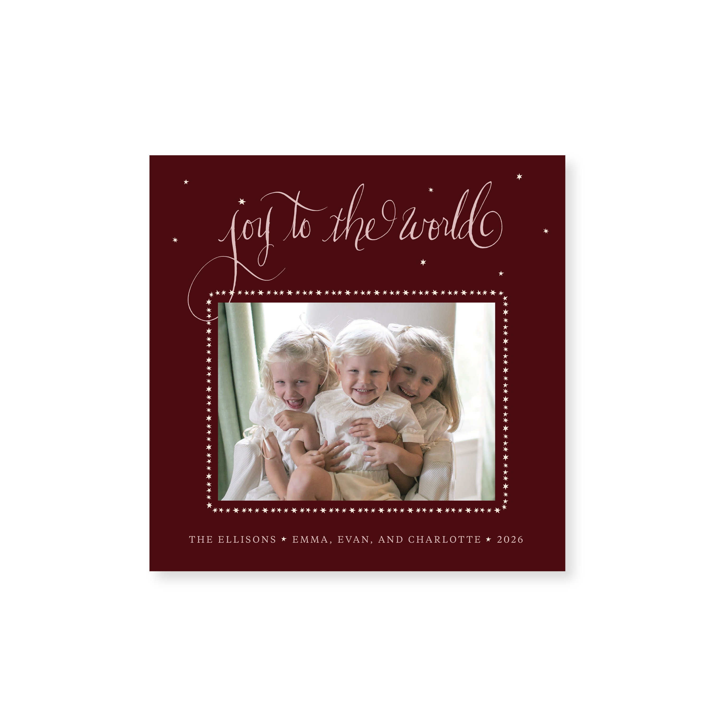 Ellison Classic Flat Print Joy to the World photo holiday card featuring original pen-and-ink artwork by Stovall Collection.