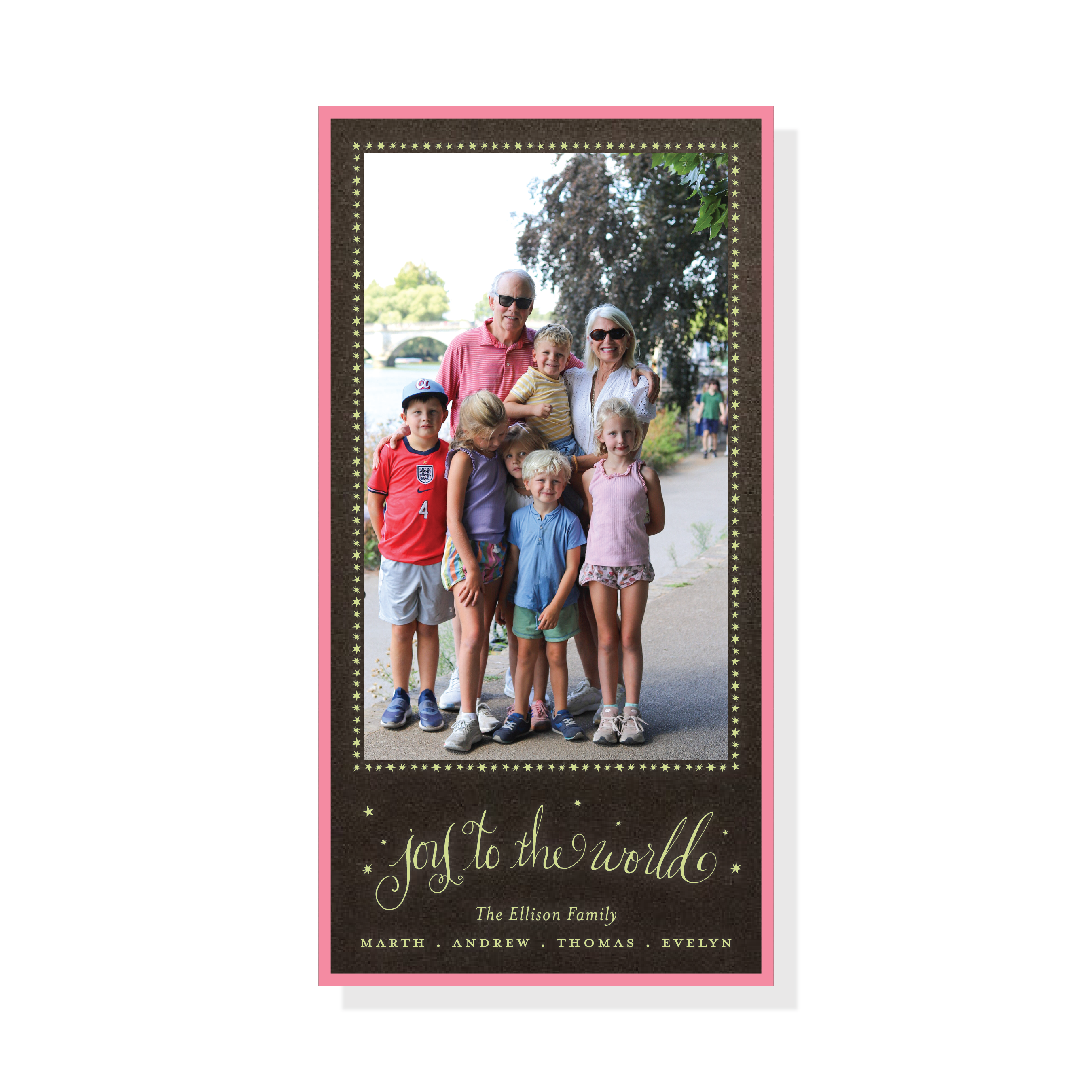 Ellison Engraved Holiday Card featuring hand-drawn “Joy to the World” lettering, delicate star accents, and a favorite family photograph.