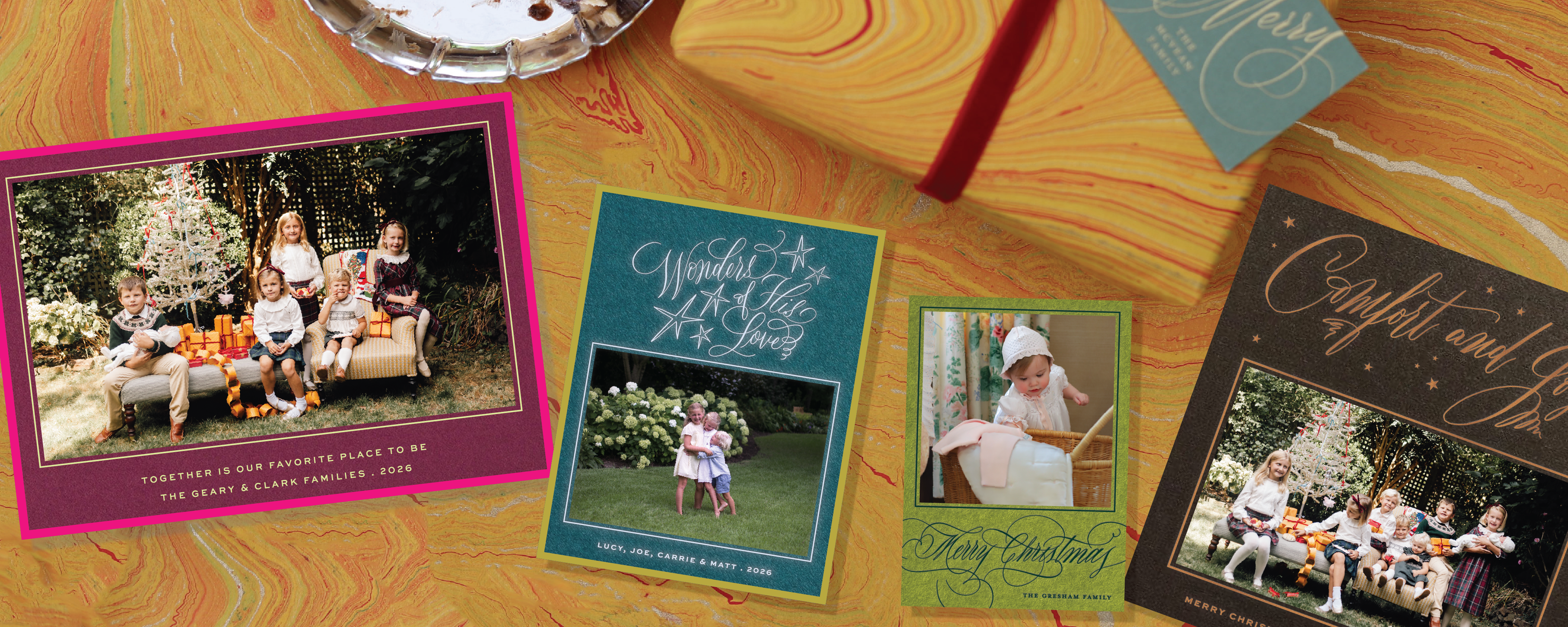 Personalized engraved holiday photo cards organized by message, including Christmas, religious, peaceful and playful greetings