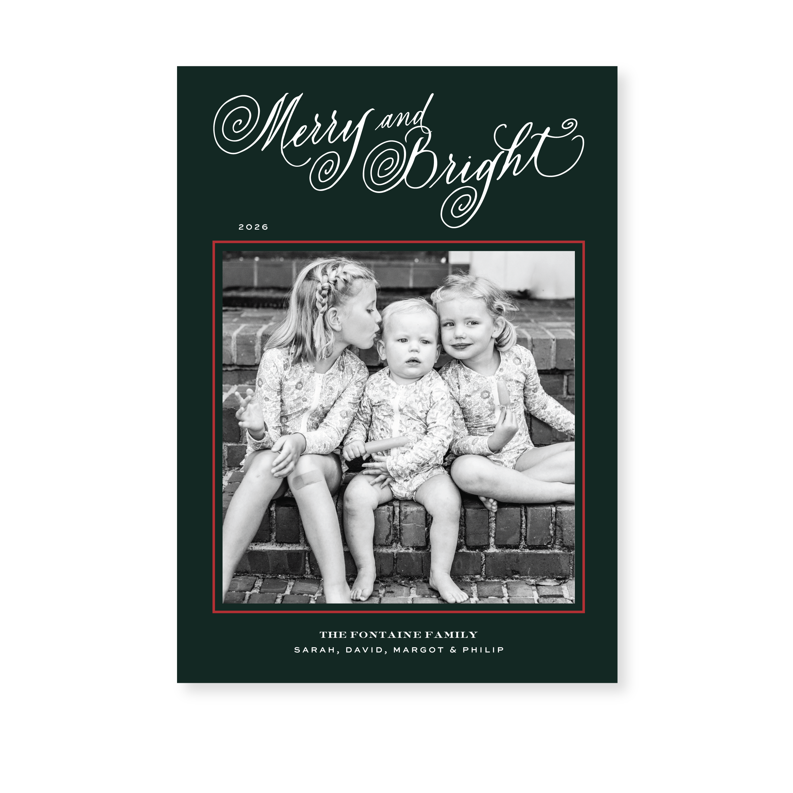 Fontaine Classic Flat Print Merry and Bright photo mount holiday card featuring original hand-lettered artwork by Stovall Collection.