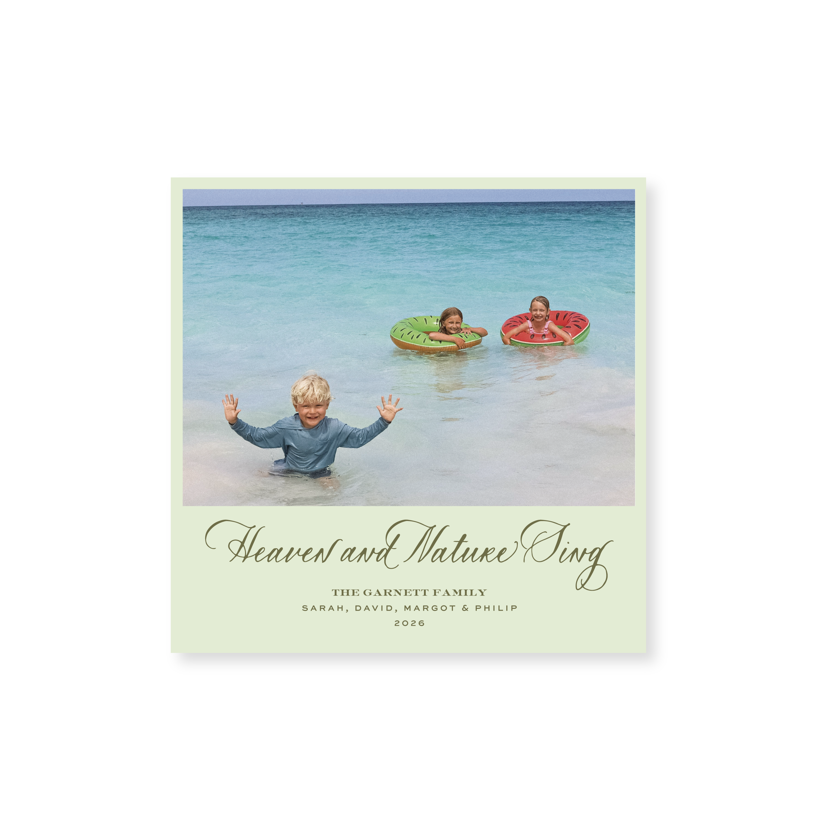 Garnett Classic Flat Print Heaven and Nature Sing photo mount holiday card featuring original hand-lettered artwork by Stovall Collection.