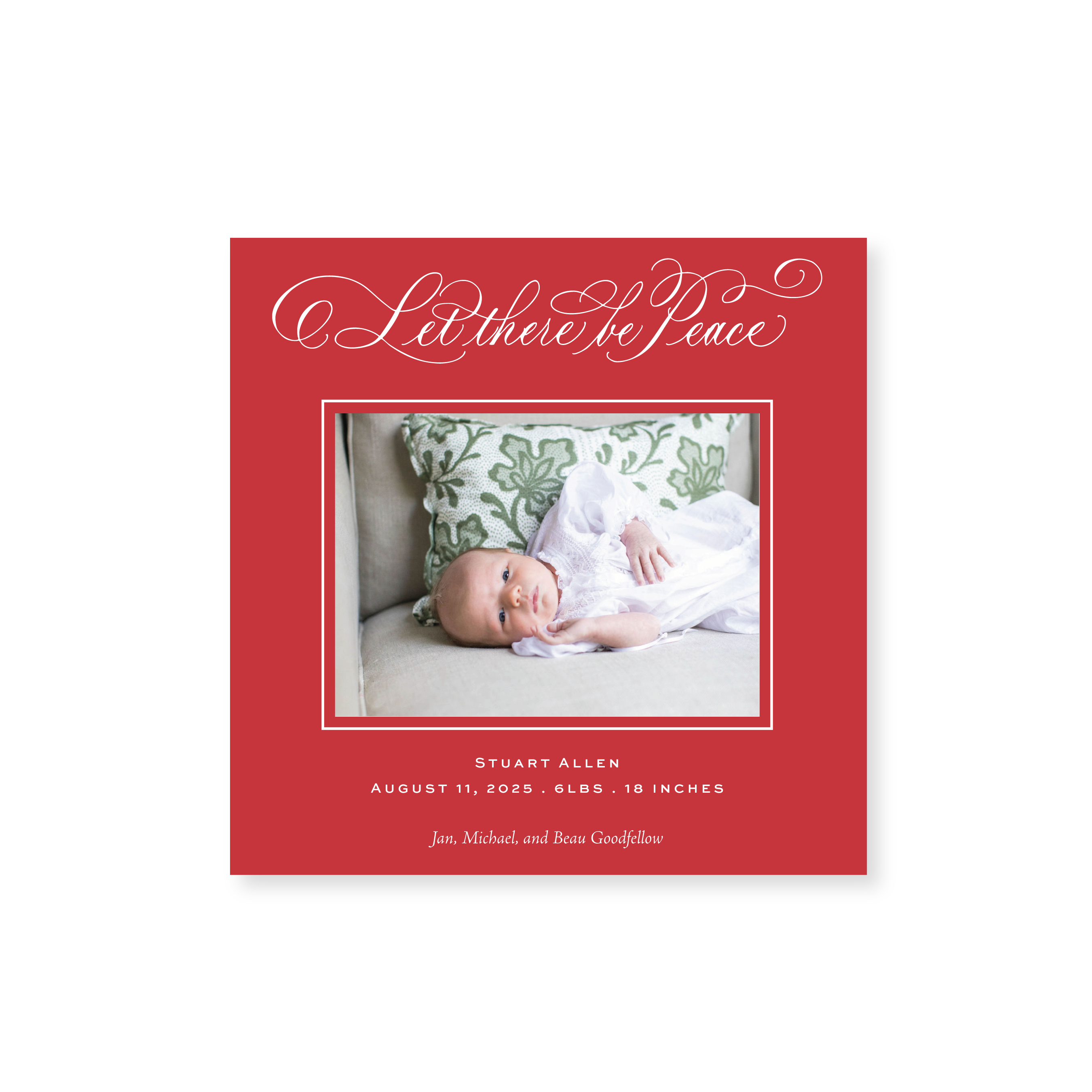 Goodfellow Classic Flat Print Let There Be Peace photo mount holiday card Birth Announcement featuring elegant hand-lettered artwork by Stovall Collection.