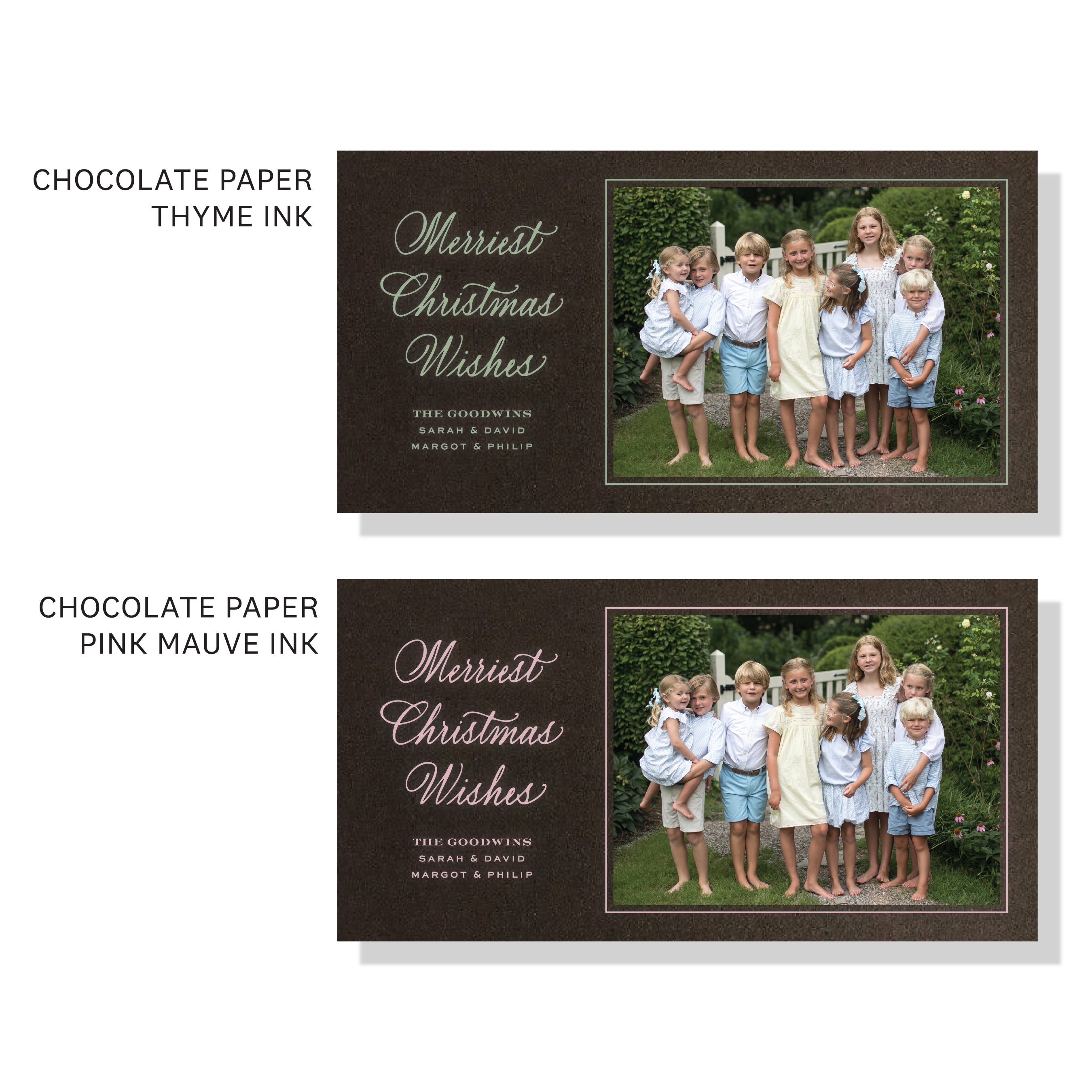 Goodwin Engraved Holiday Card featuring hand-lettered “Merriest Christmas Wishes” artwork, a family photograph, and traditional engraving.
