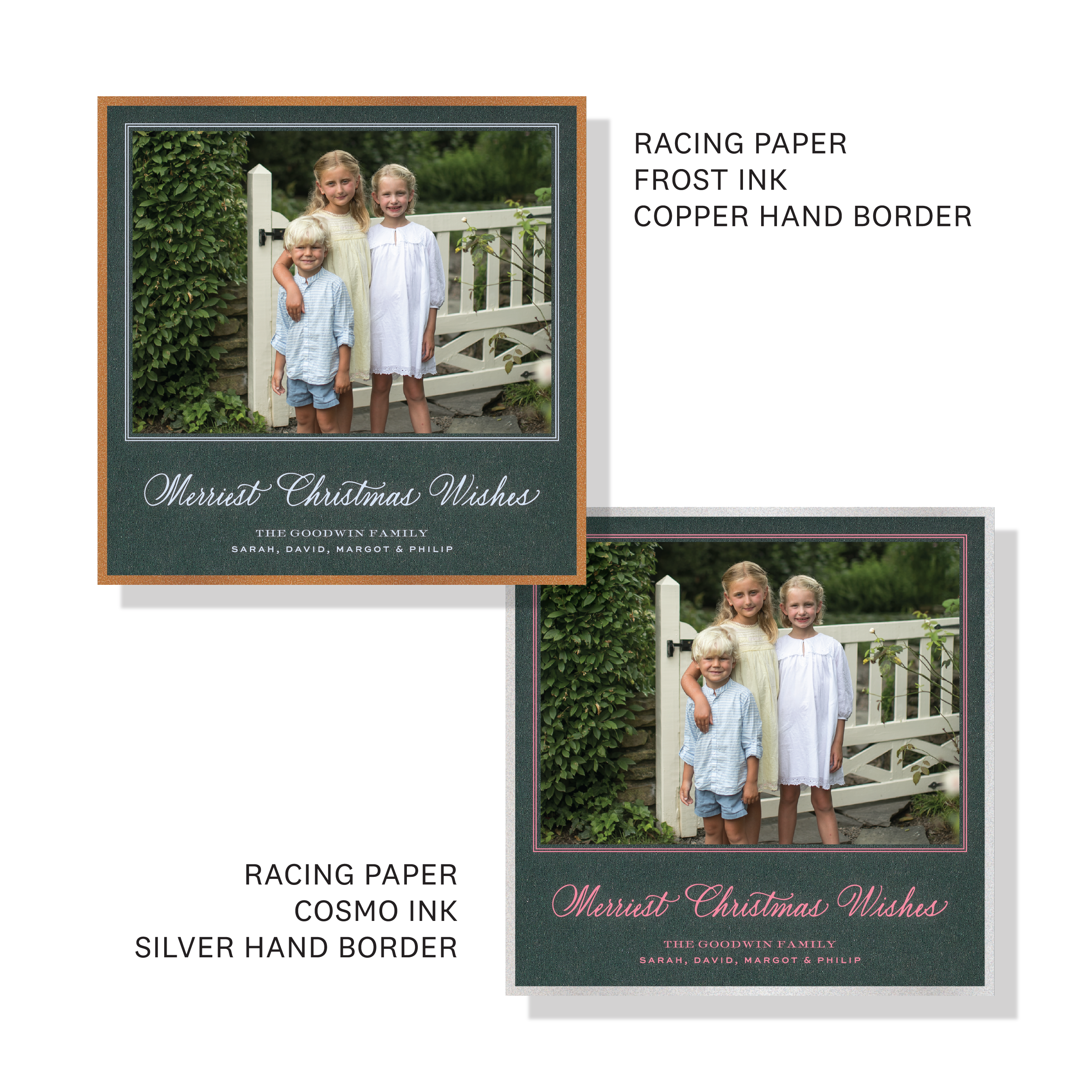 Luxury Goodwin Engraved Holiday Card featuring a family photograph and elegant “Merriest Christmas Wishes” hand-lettering.