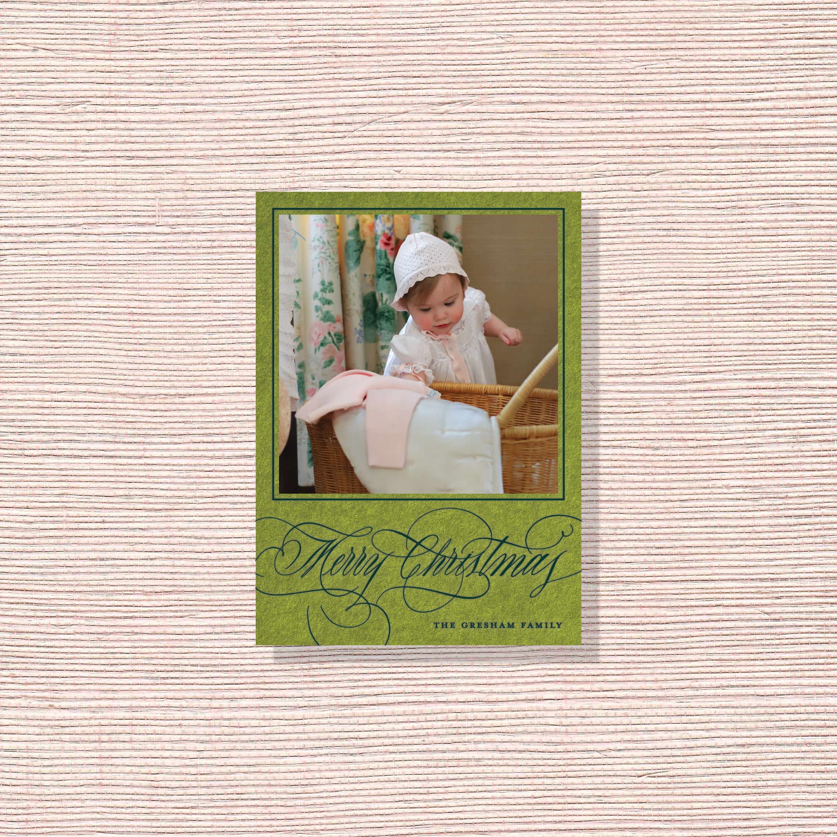 Gresham Engraved Christmas Photo Card with a child’s portrait, elegant hand-lettered “Merry Christmas” flourishes, and traditional engraving.