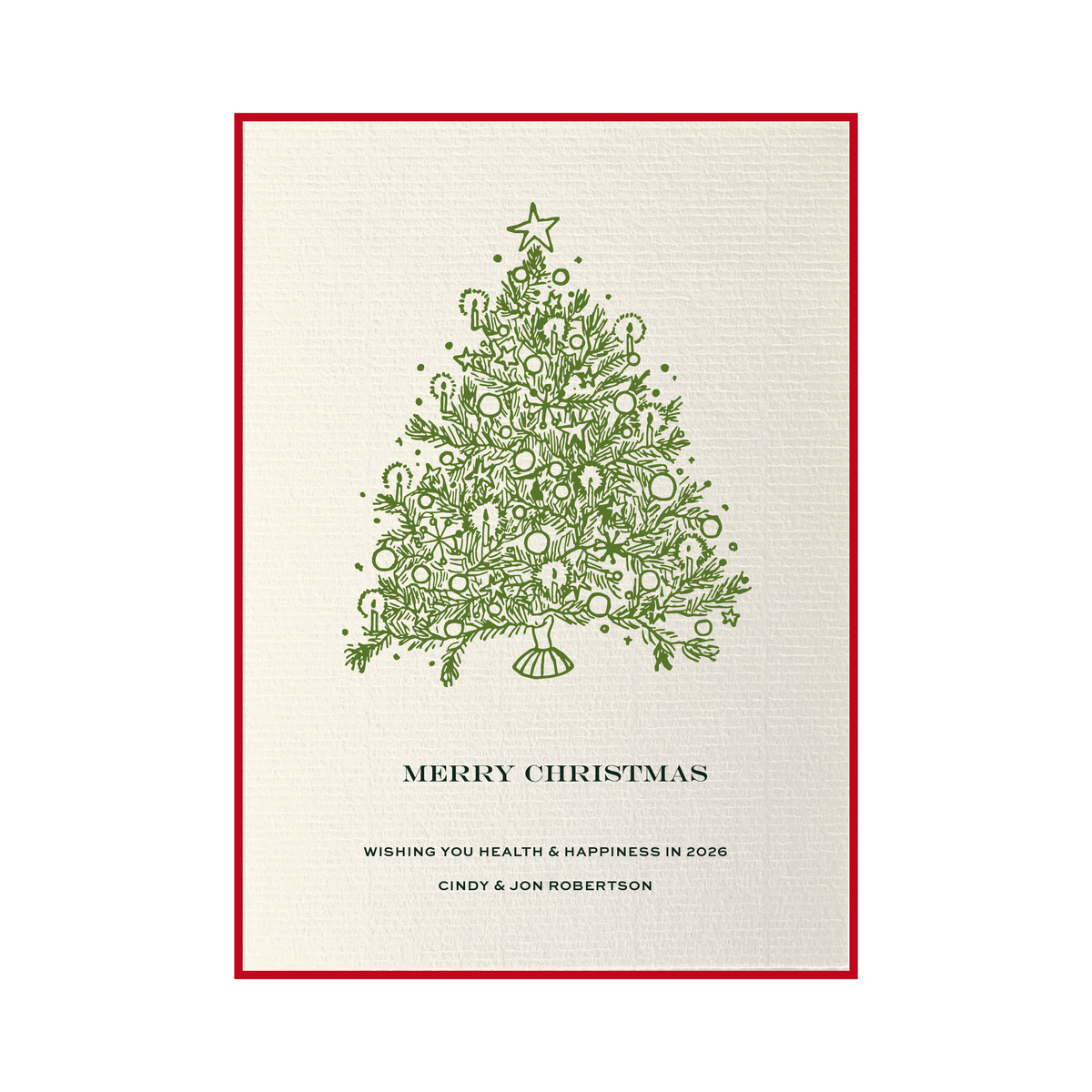Personalized non-photo Christmas card by Stovall Collection featuring a vintage Christmas tree, customizable holiday greeting and classic typography on creamy laid paper.