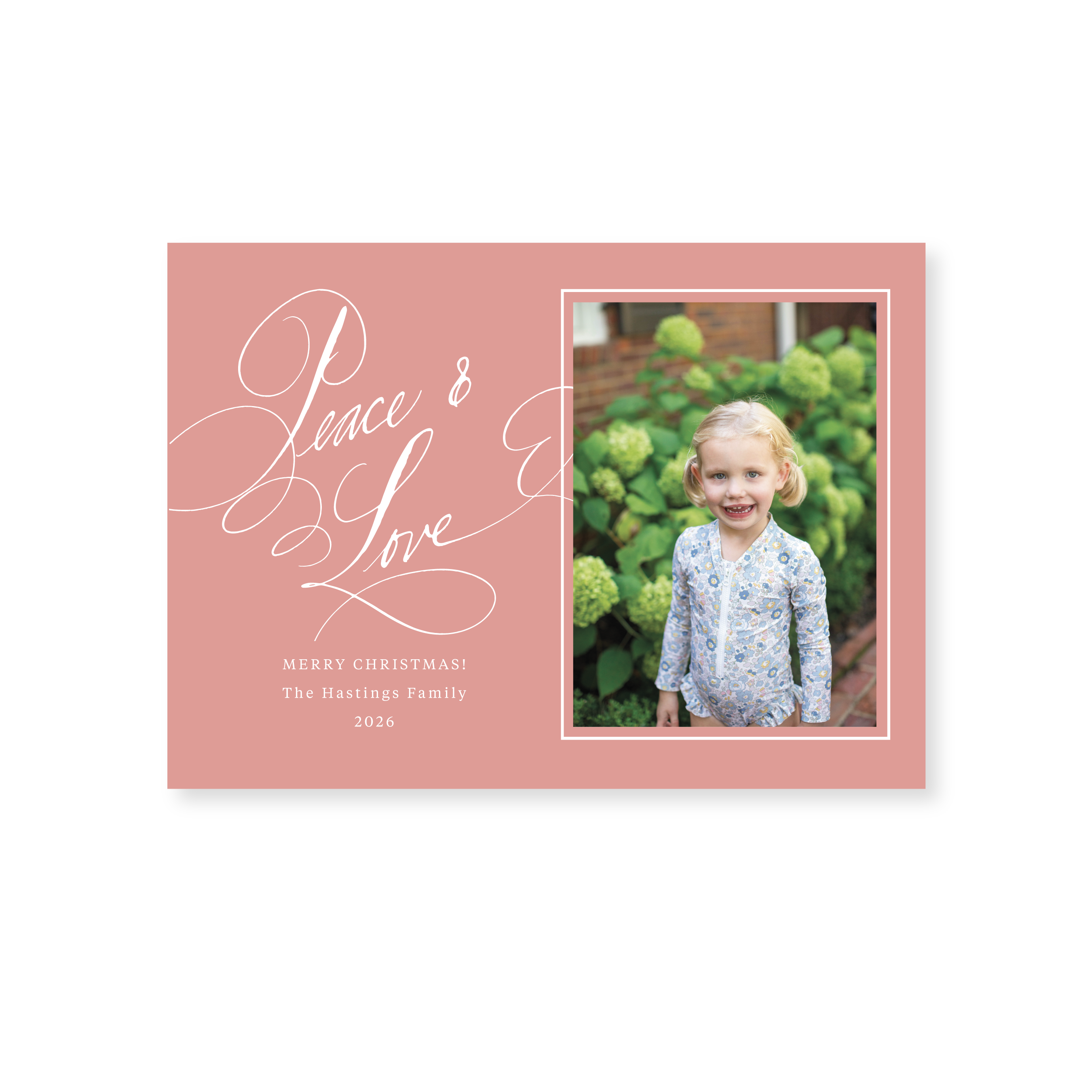 Hastings Classic Flat Print Peace & Love photo holiday card featuring original pen-and-ink artwork by Stovall Collection.