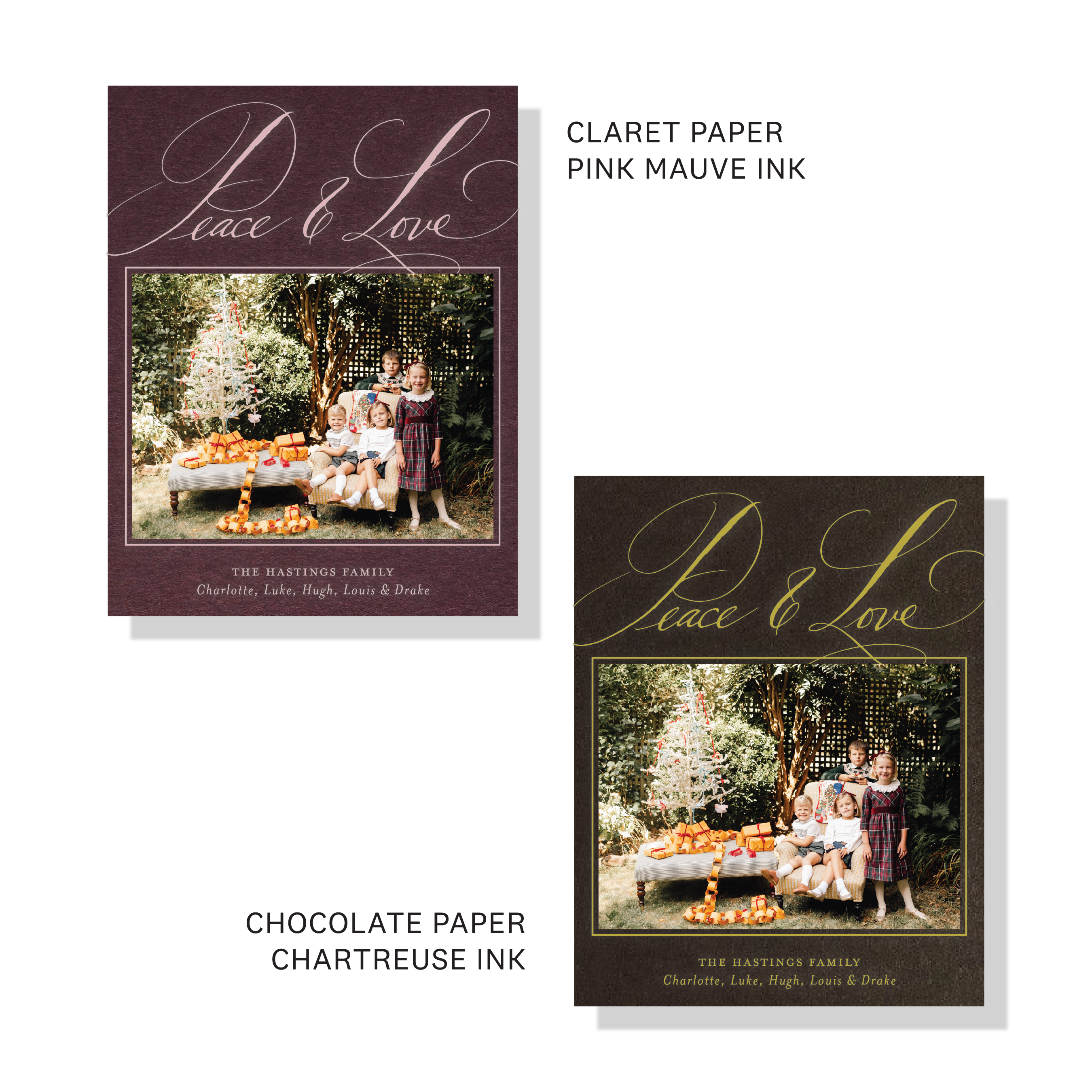 Personalized Hastings Engraved Holiday Card featuring a family photograph and graceful pen-and-ink “Peace & Love” lettering