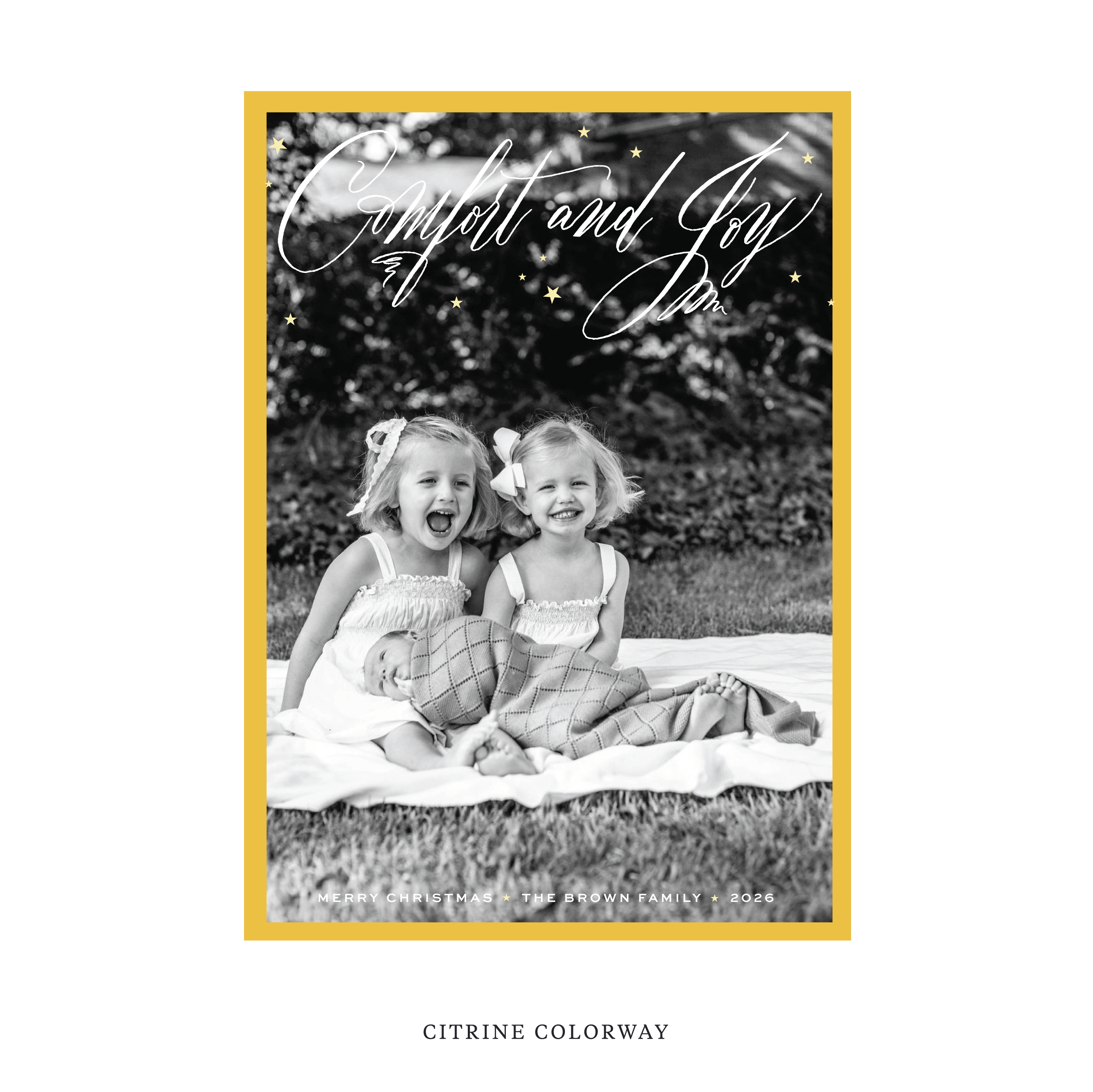 Celebrate the season with the Hawthorne "Comfort and Joy" Holiday Card by Stovall Collection. Featuring original hand-lettered artwork, this luxury personalized photo mount holiday card is available in 22 thoughtfully curated flat printing colorways.