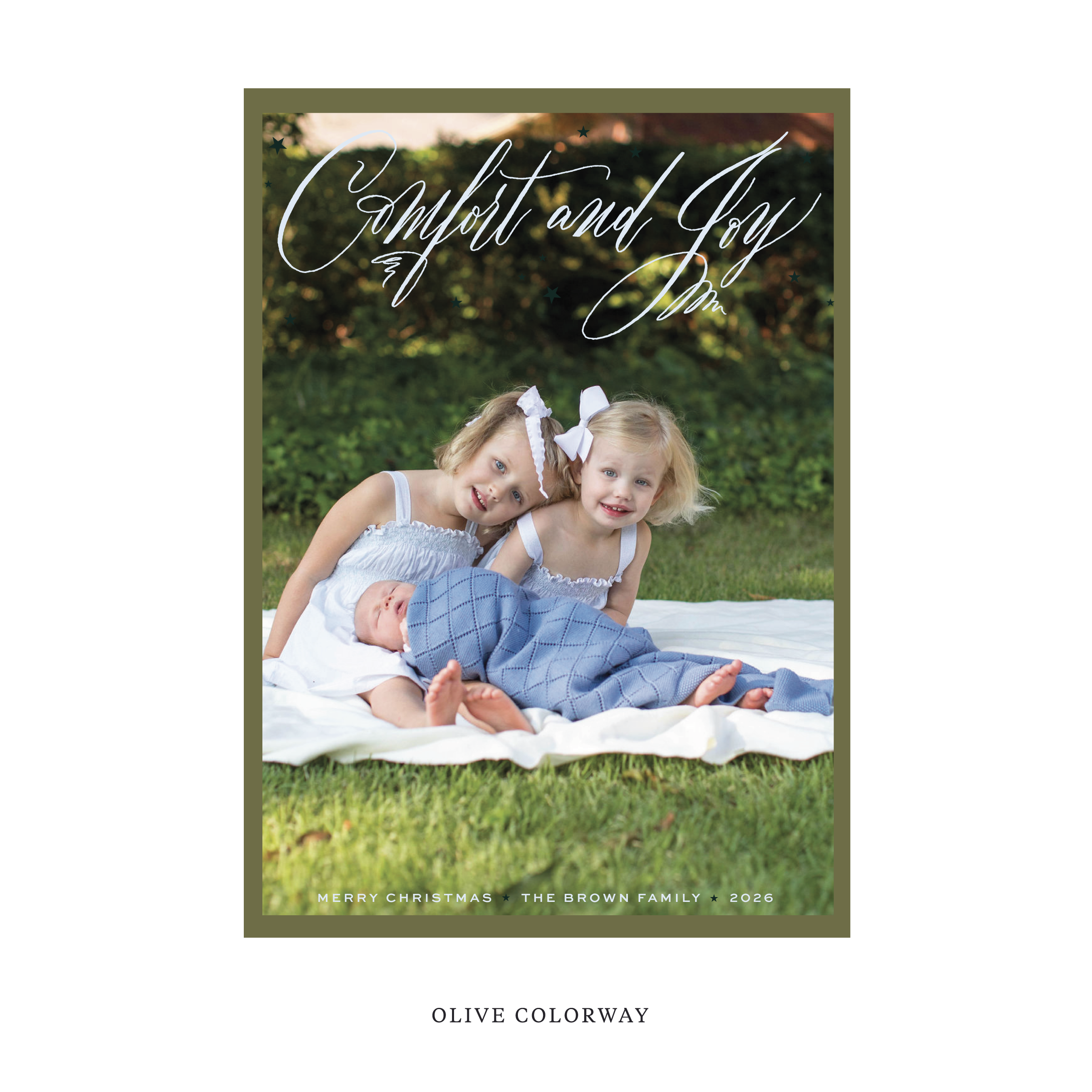 Celebrate the season with the Hawthorne "Comfort and Joy" Holiday Card by Stovall Collection. Featuring original hand-lettered artwork, this luxury personalized photo mount holiday card is available in 22 thoughtfully curated flat printing colorways.