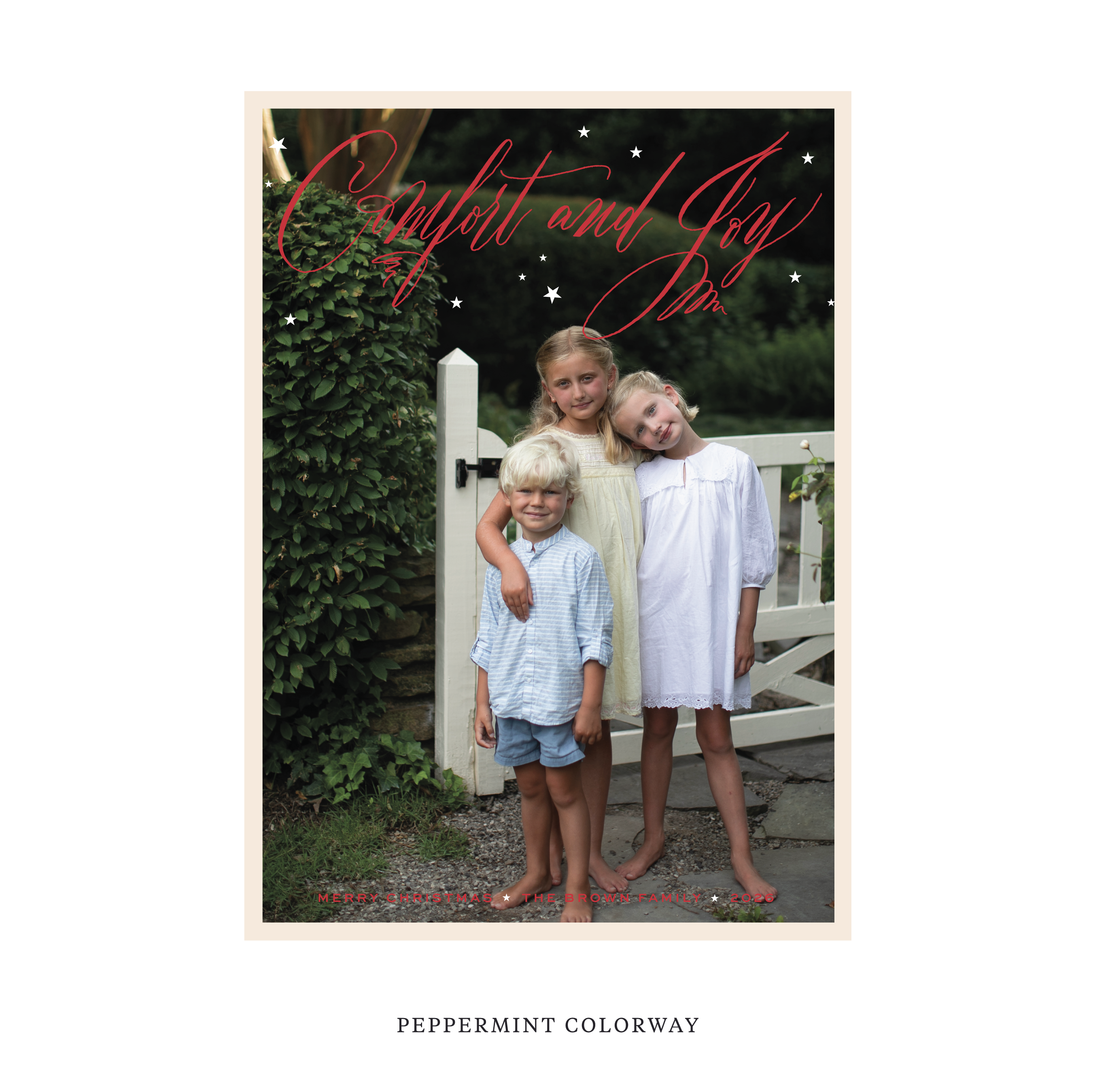 Celebrate the season with the Hawthorne "Comfort and Joy" Holiday Card by Stovall Collection. Featuring original hand-lettered artwork, this luxury personalized photo mount holiday card is available in 22 thoughtfully curated flat printing colorways.