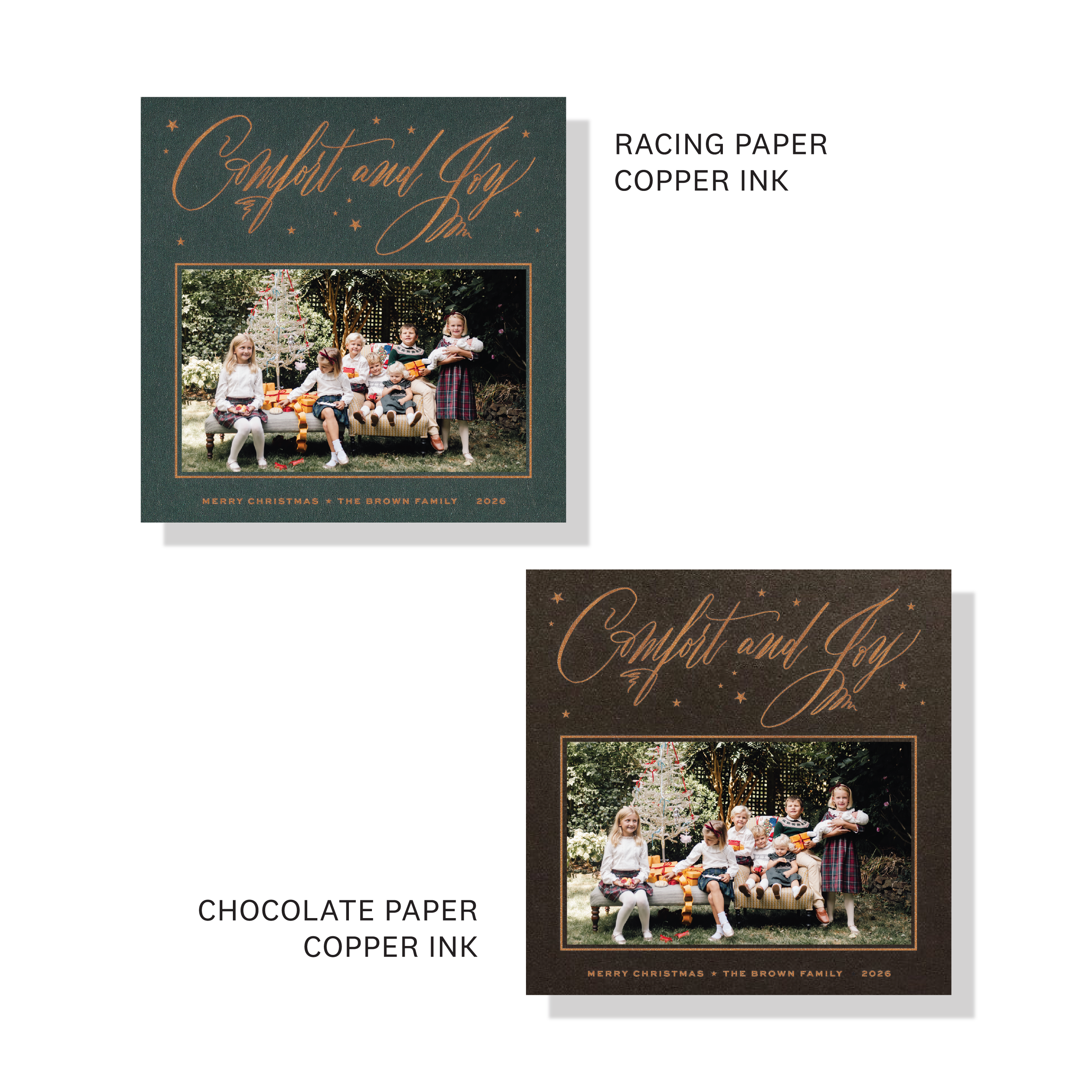 Hawthorne Engraved Christmas Photo Card with a family portrait, sweeping “Comfort and Joy” lettering, and crisp raised engraved details.