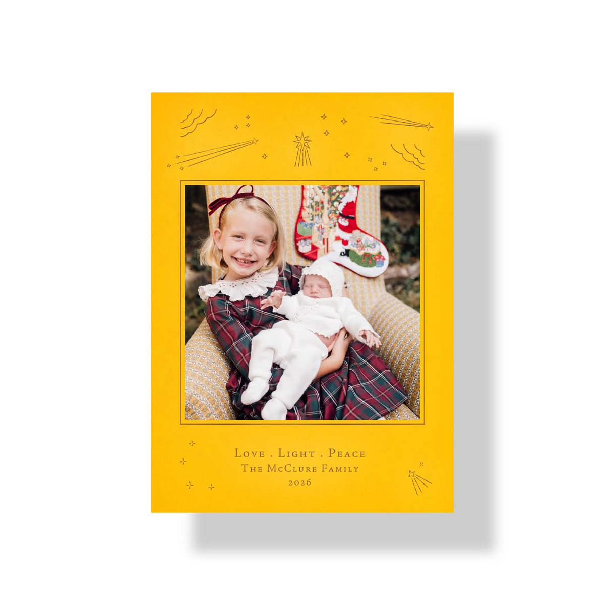 Hera engraved holiday card in citrine paper with metallic copper ink, mounted family photo and customizable greeting