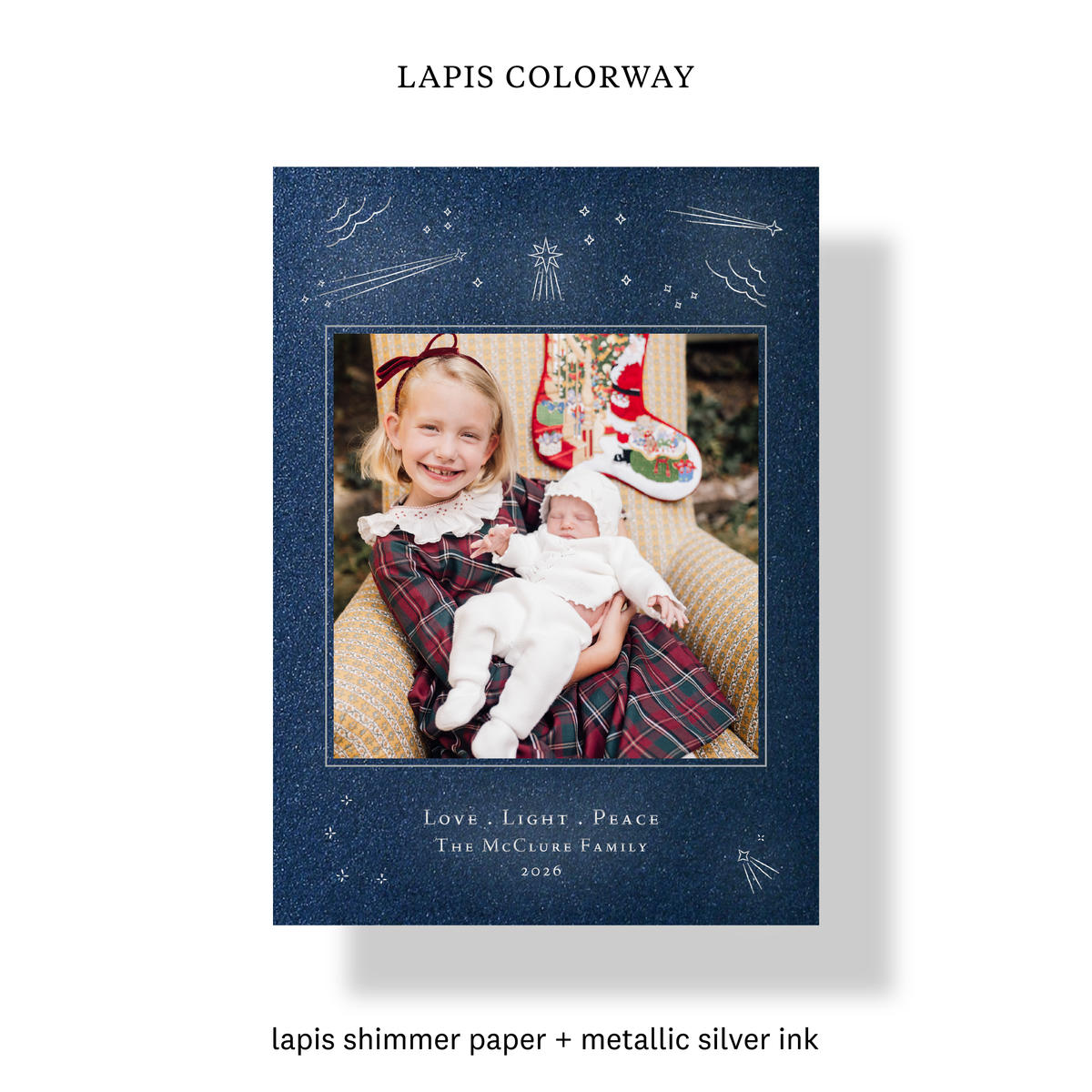 Lapis colorway of the Hera Engraved Holiday Card with mounted photo, silver ink and engraved star illustrations