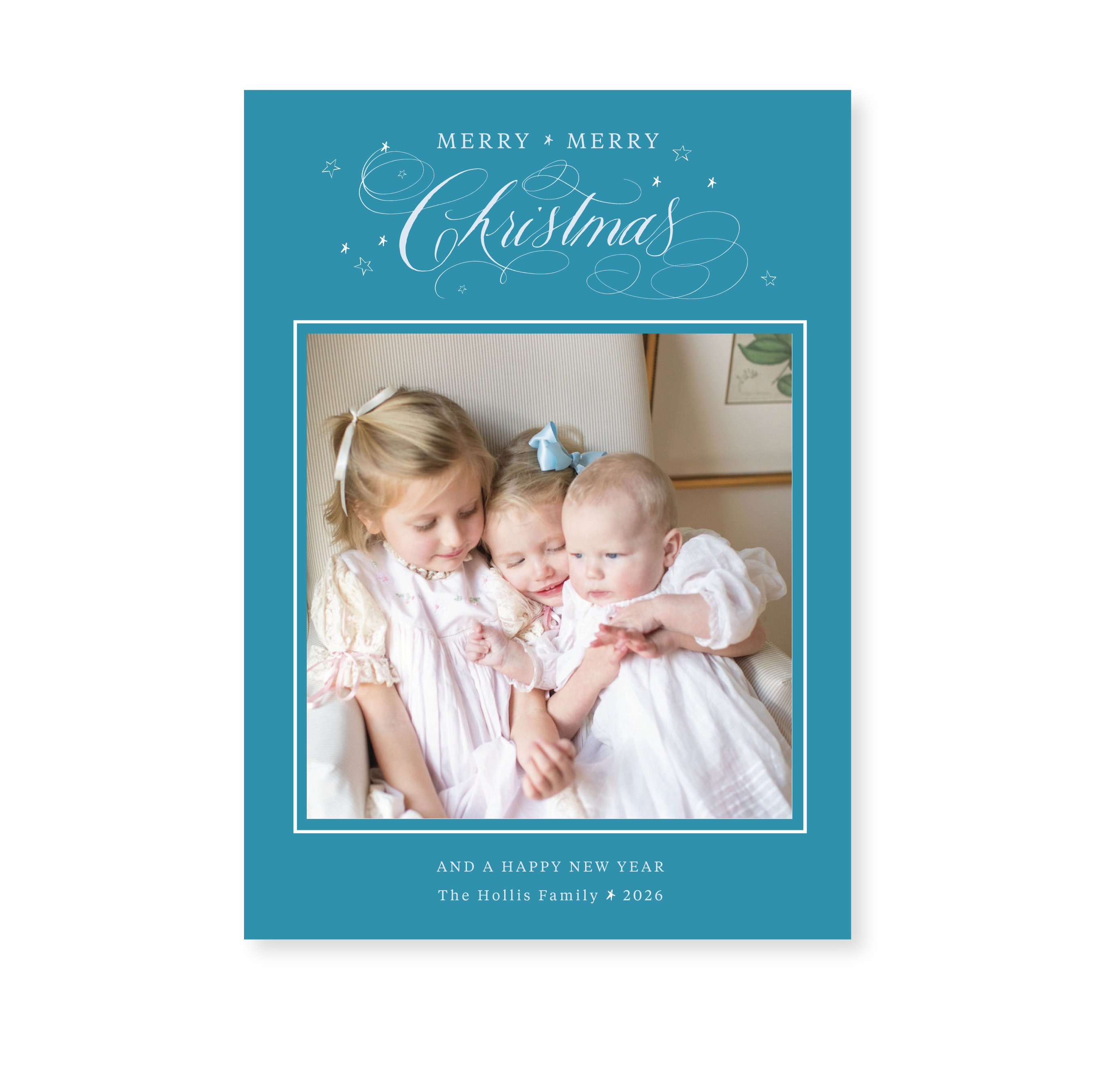 Stanbury Classic Flat Print Merry Christmas photo holiday card featuring original pen-and-ink artwork with festive stars by Stovall Collection.