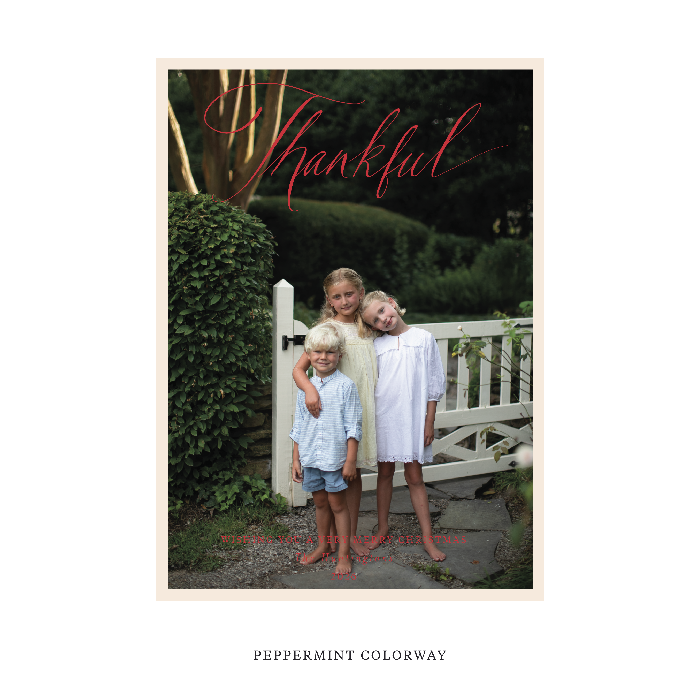 Celebrate the season with the Huntington "Thankful" Holiday Card by Stovall Collection. Featuring original hand-lettered artwork, this luxury personalized photo mount holiday card is available in 22 thoughtfully curated flat printing colorways.