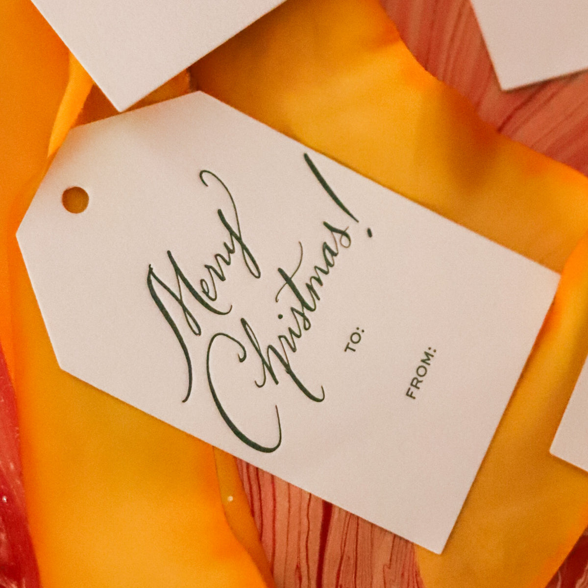 Shop Merry Christmas Gift Tags in sets of 8, featuring elegant hand-lettered lettering, To and From lines, and coordinating color options for holiday wrapping.