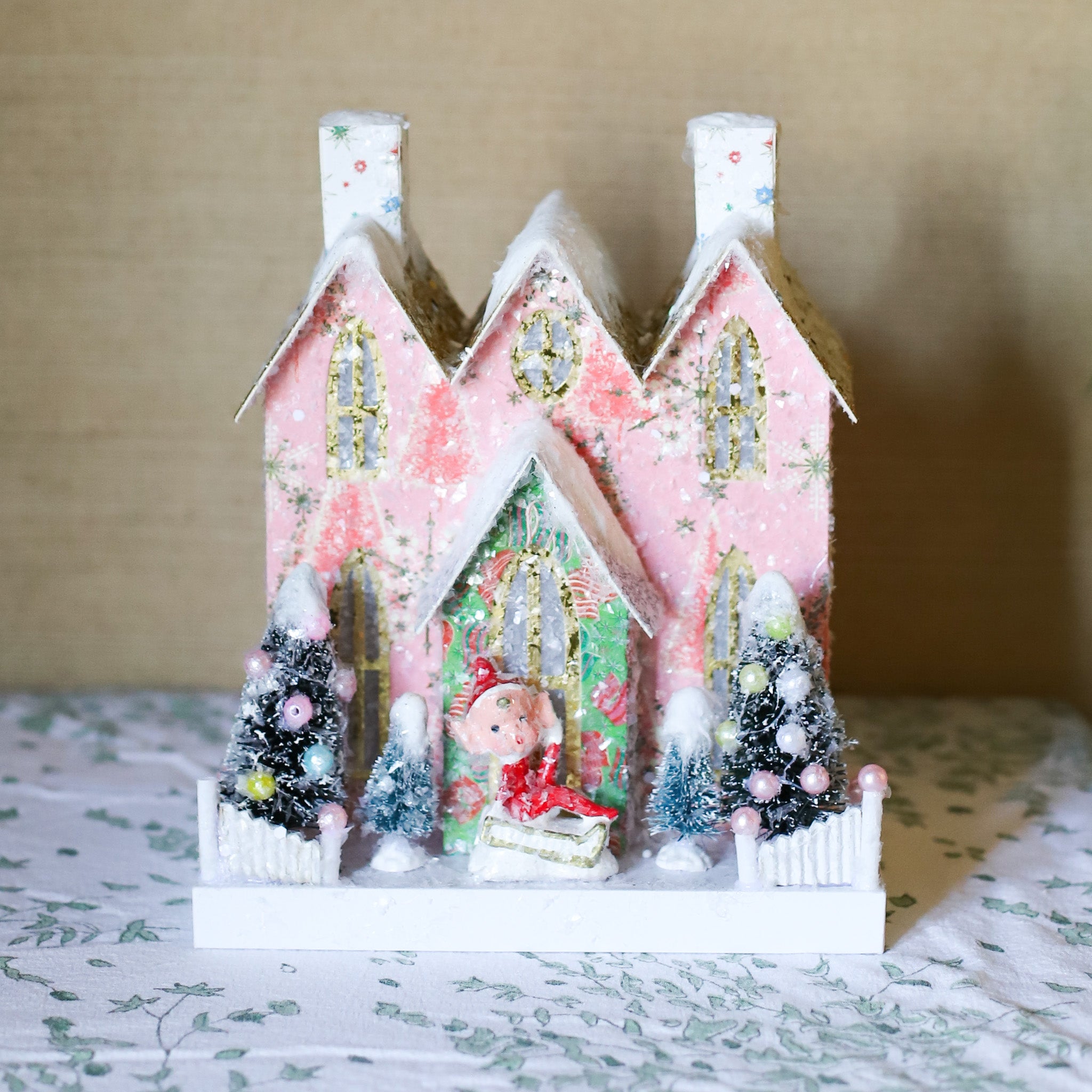 Small Pink Elf Christmas Glitter House