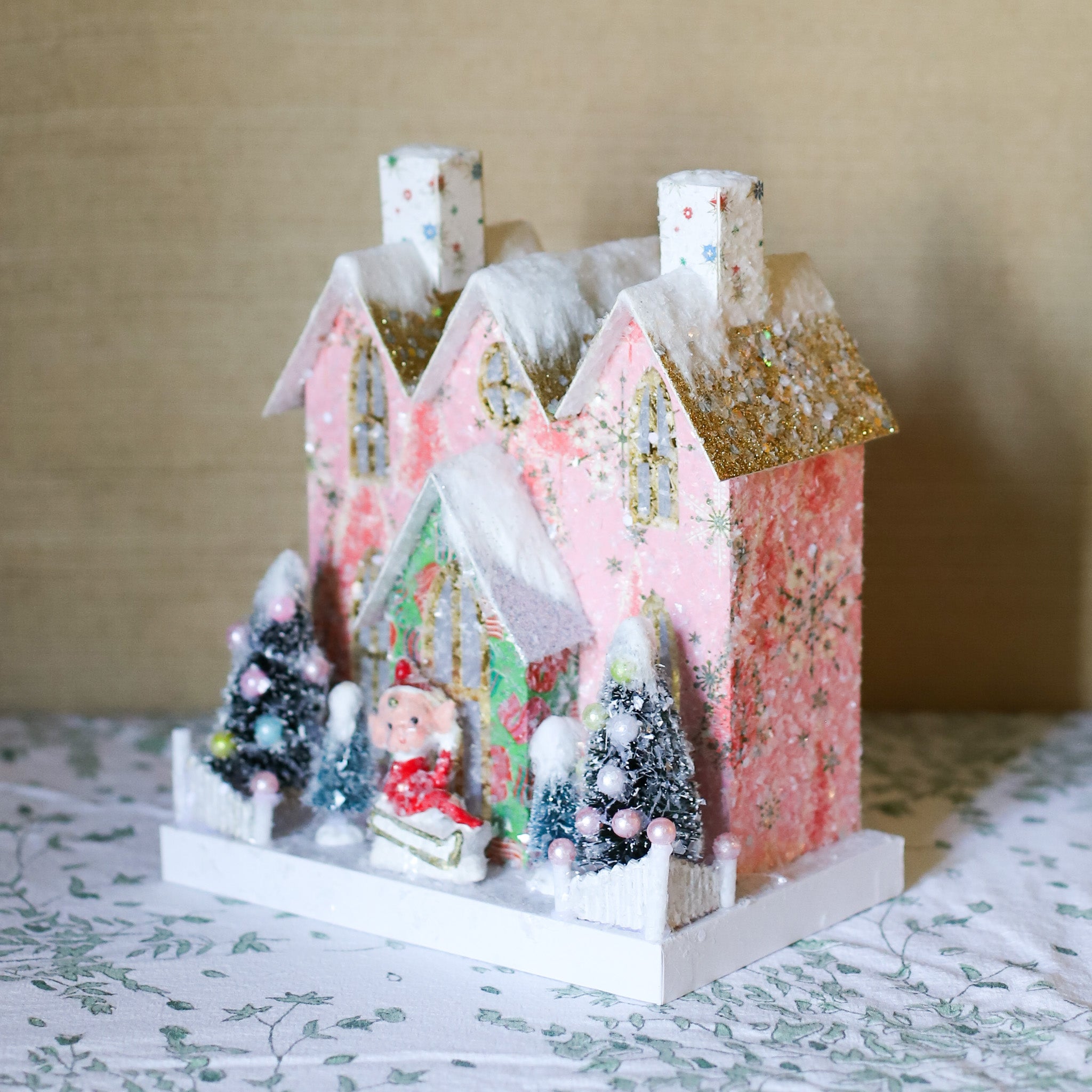 Small Pink Elf Christmas Glitter House