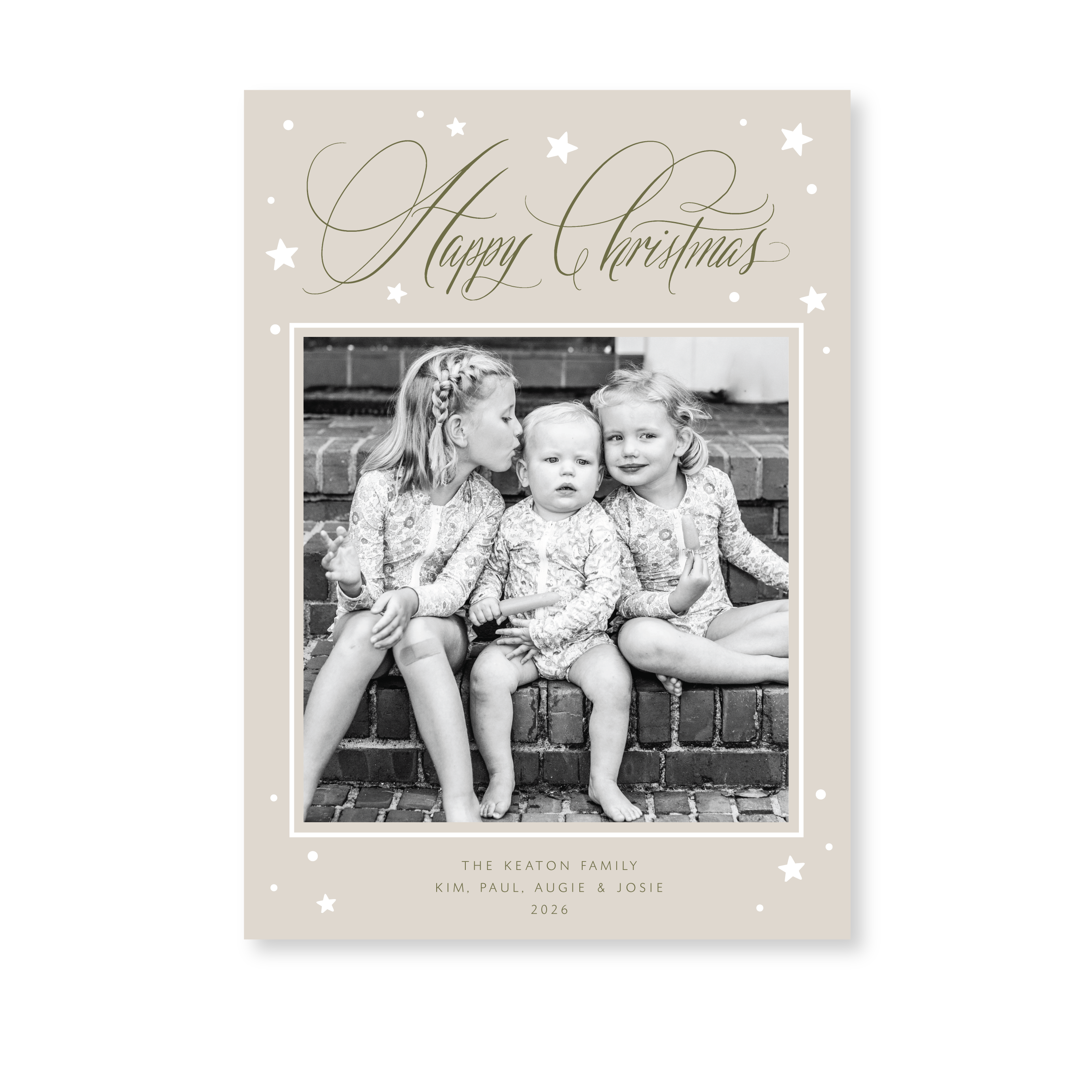 Keaton Classic Flat Print Happy Christmas photo mount holiday card featuring original hand-lettered artwork and illustrated stars by Stovall Collection.