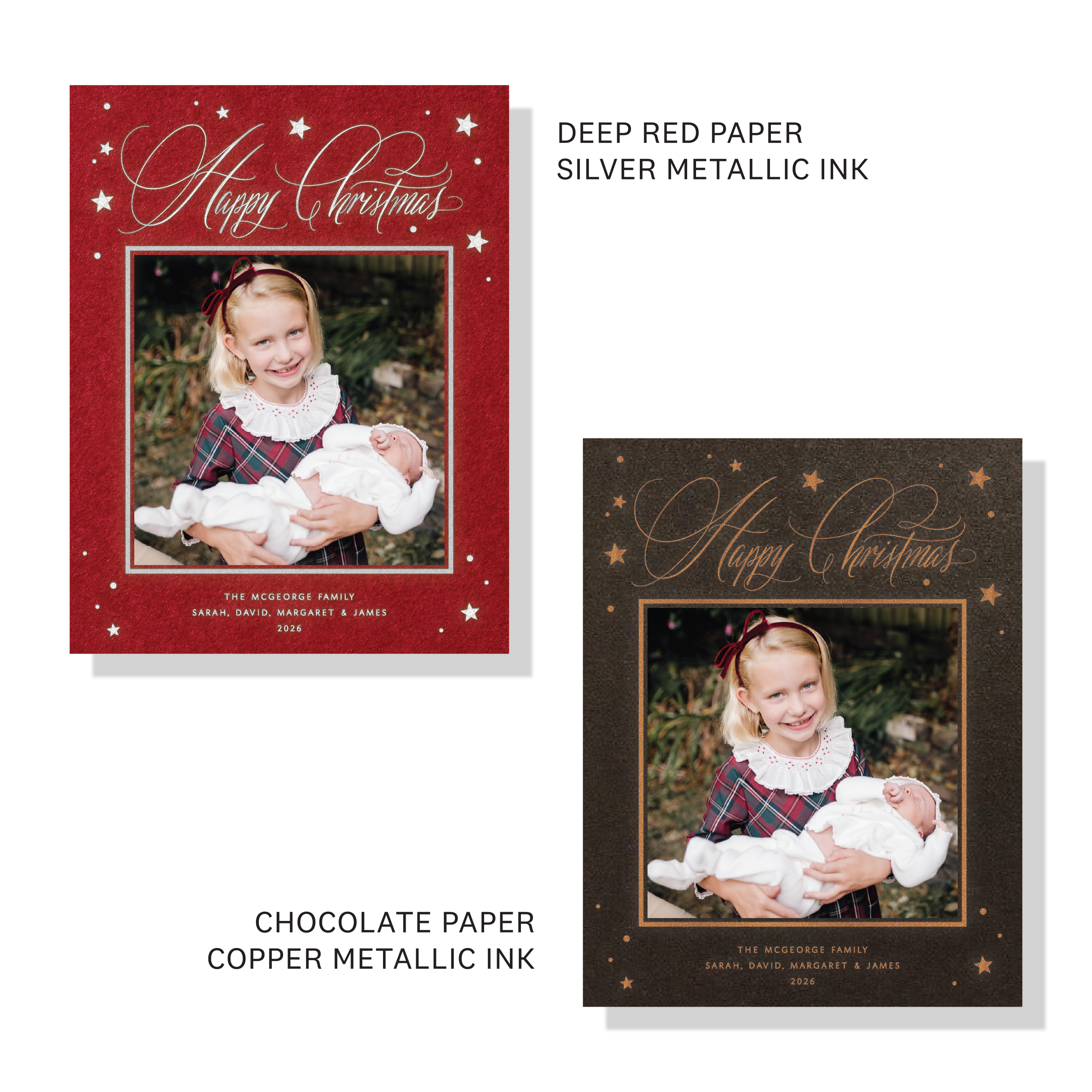 Keaton Engraved Holiday Card featuring hand-lettered “Happy Christmas” calligraphy, illustrated stars, and a favorite family photograph.