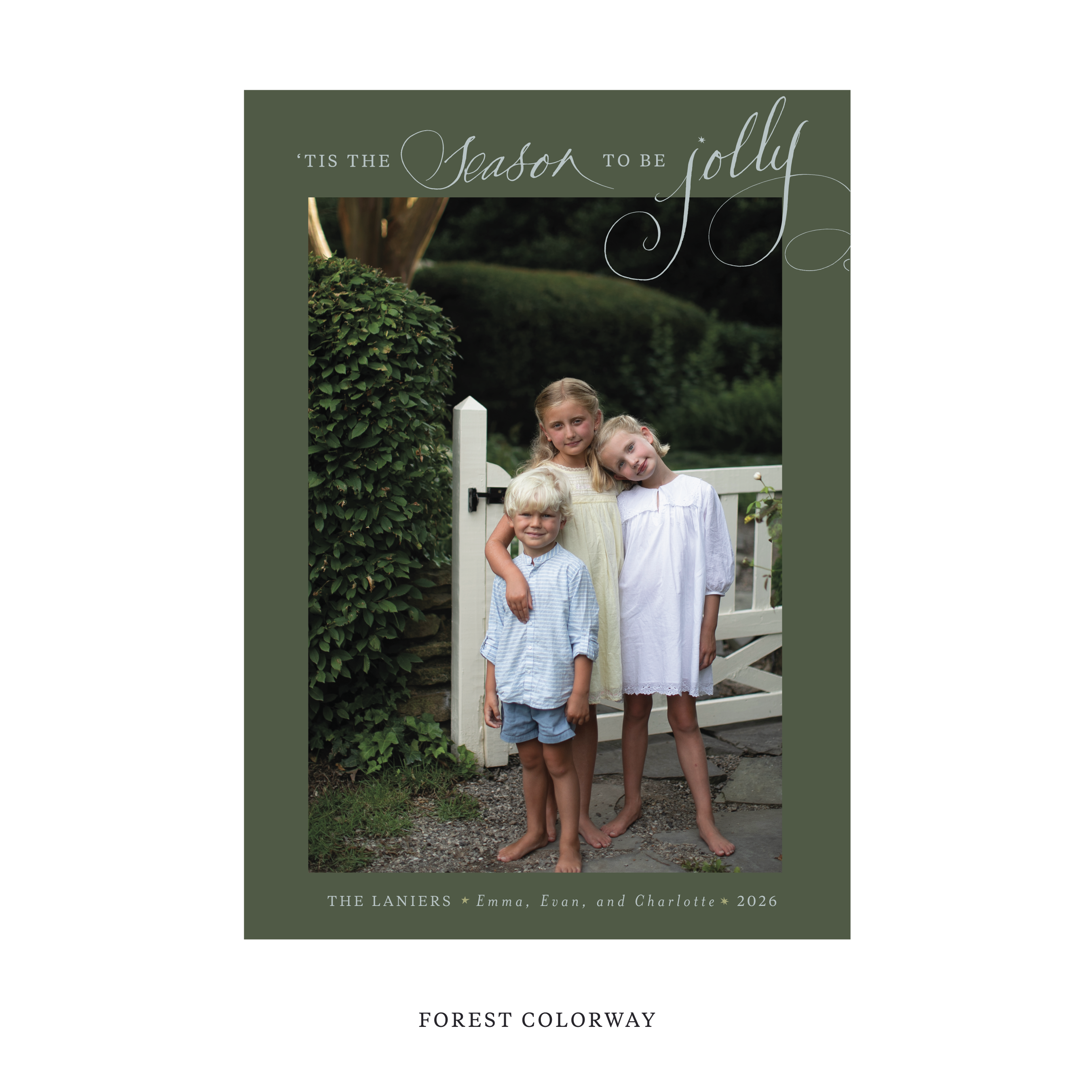 Celebrate the season with the Lanier "Tis the Season to be Jolly" Holiday Card by Stovall Collection. Featuring original hand-lettered artwork, this luxury personalized photo mount holiday card is available in 22 thoughtfully curated flat printing colorways.