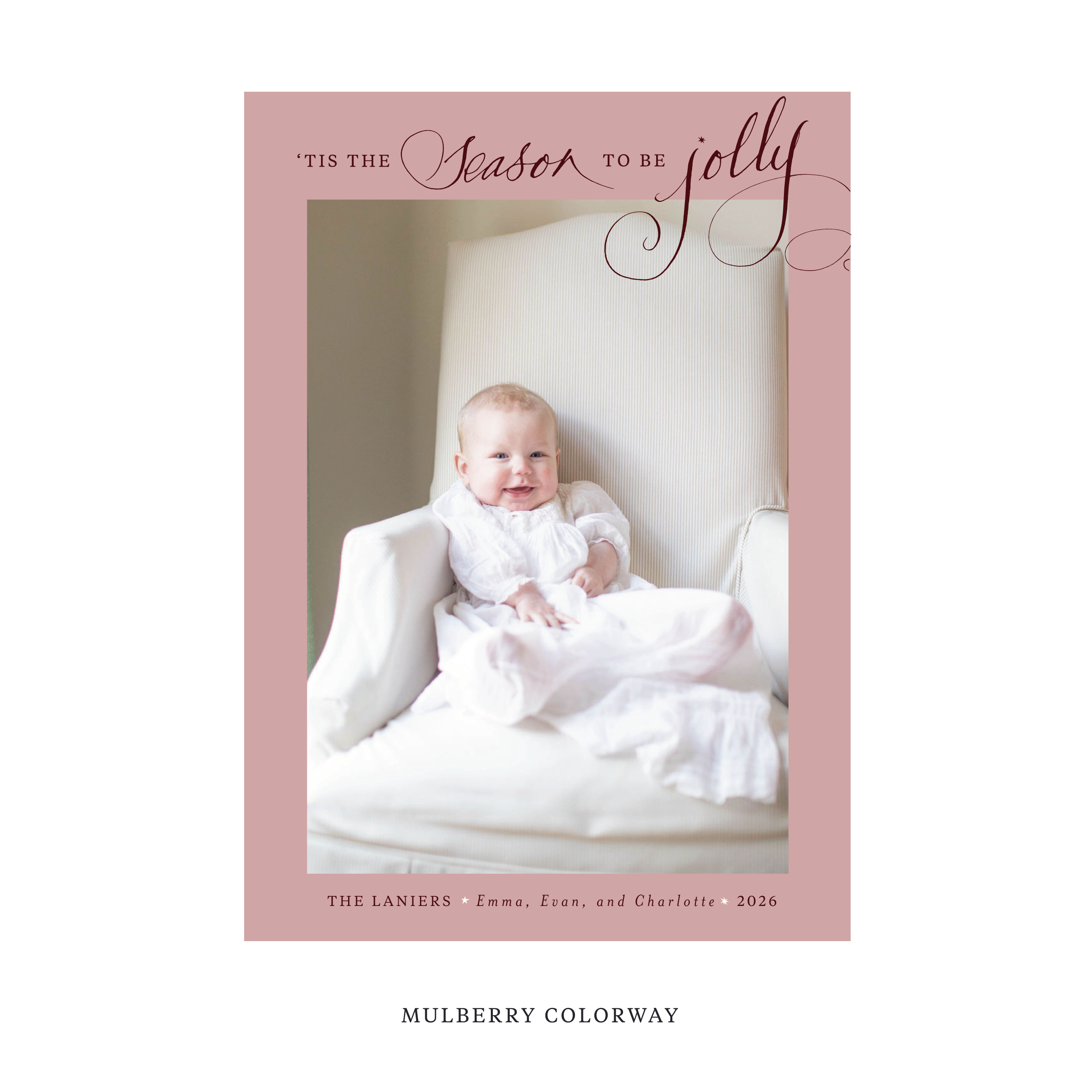Celebrate the season with the Lanier "Tis the Season to be Jolly" Holiday Card by Stovall Collection. Featuring original hand-lettered artwork, this luxury personalized photo mount holiday card is available in 22 thoughtfully curated flat printing colorways.