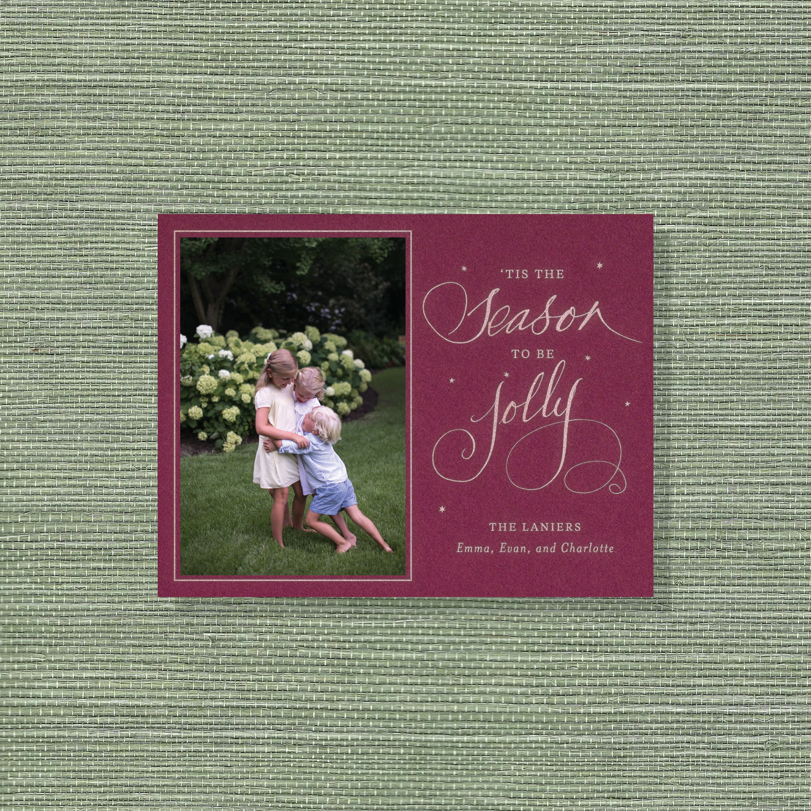 Lanier Engraved Christmas Photo Card with a favorite family portrait and graceful “‘Tis the Season to Be Jolly” calligraphy.