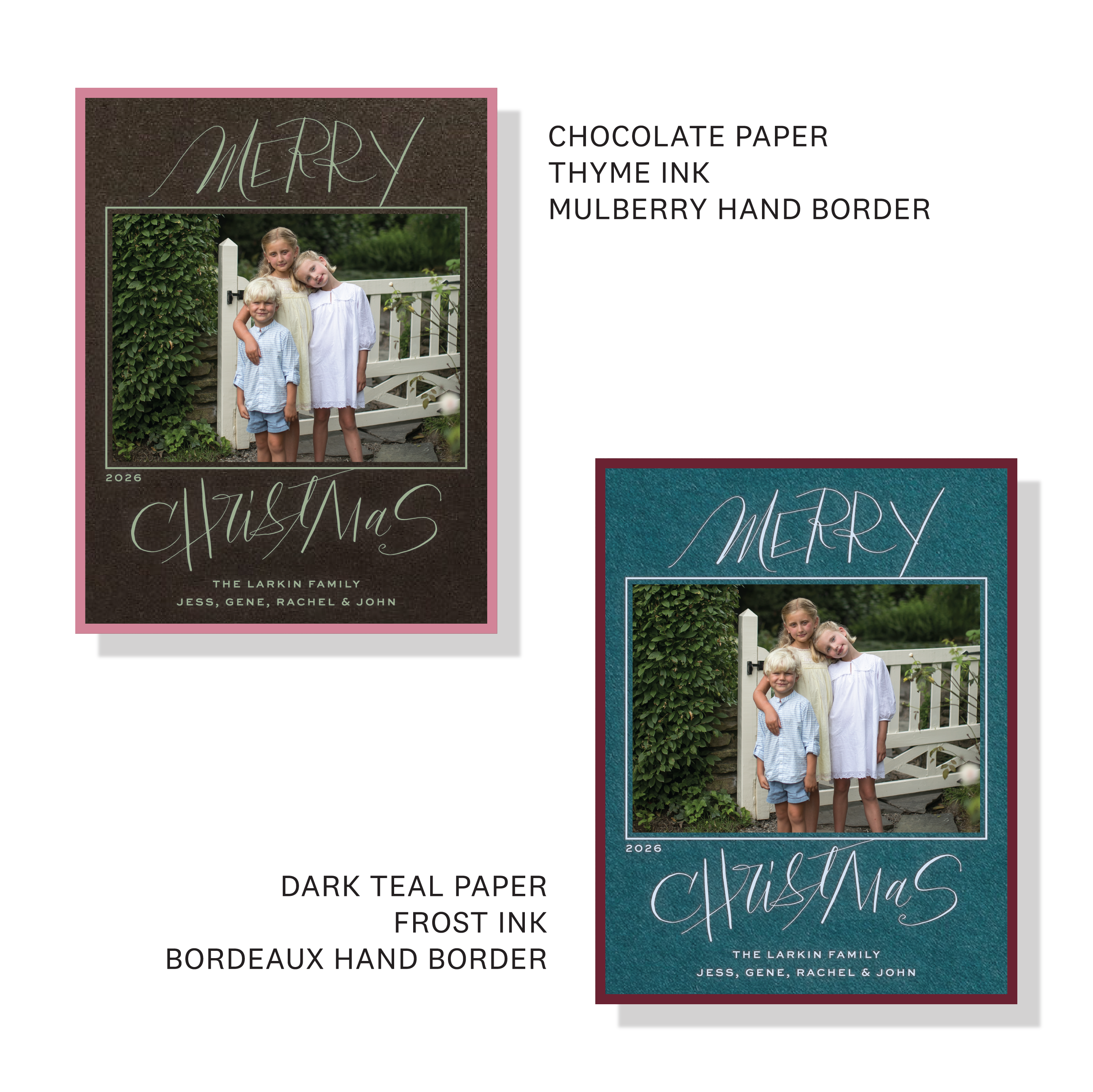Larken Engraved Holiday Card featuring sweeping hand-lettered “Merry Christmas” calligraphy, a family photograph, and traditional engraving.