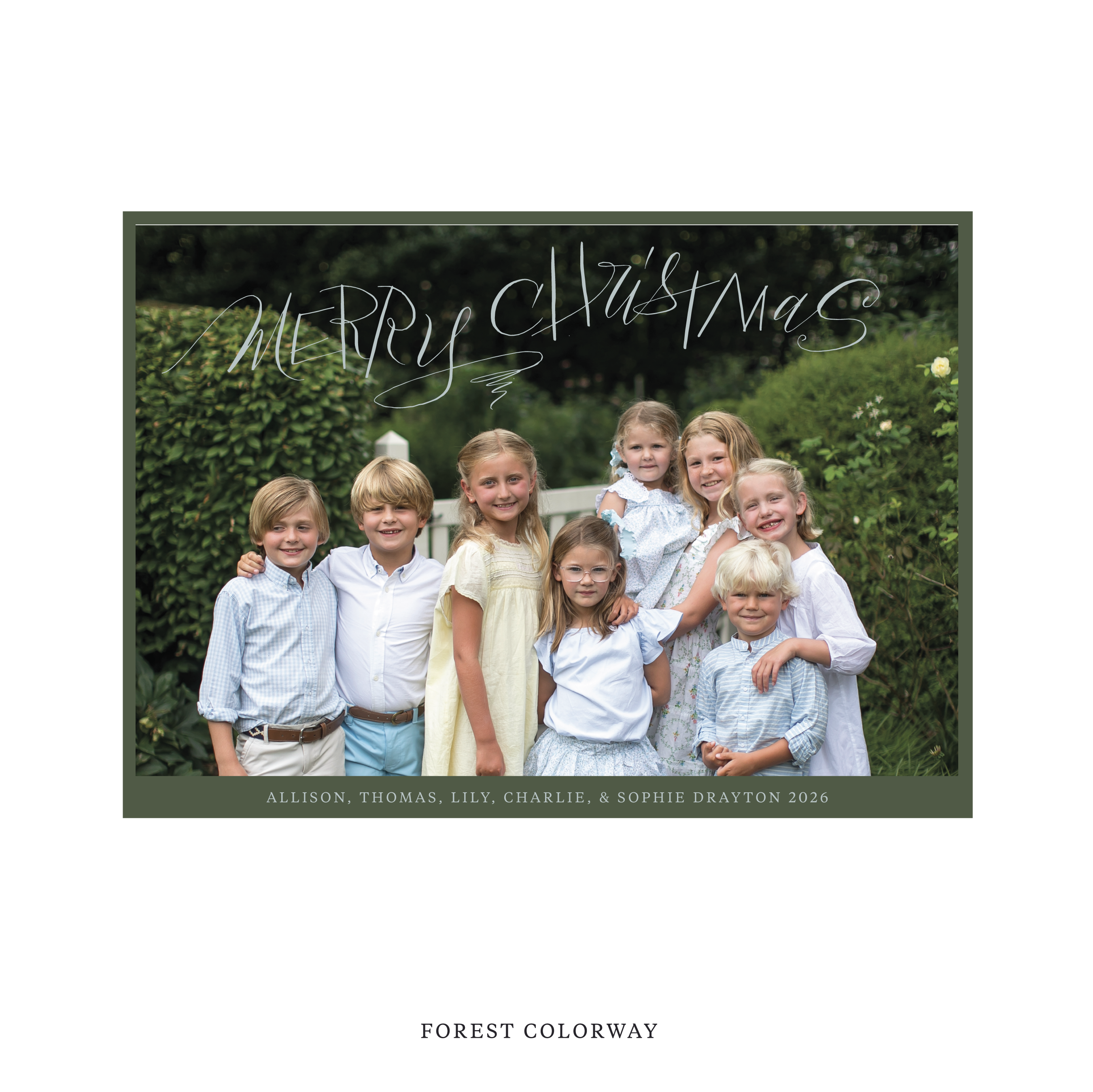Celebrate the season with the Larkin "Merry Christmas" Holiday Card by Stovall Collection. Featuring original hand-lettered artwork, this luxury personalized photo mount holiday card is available in 22 thoughtfully curated flat printing colorways.