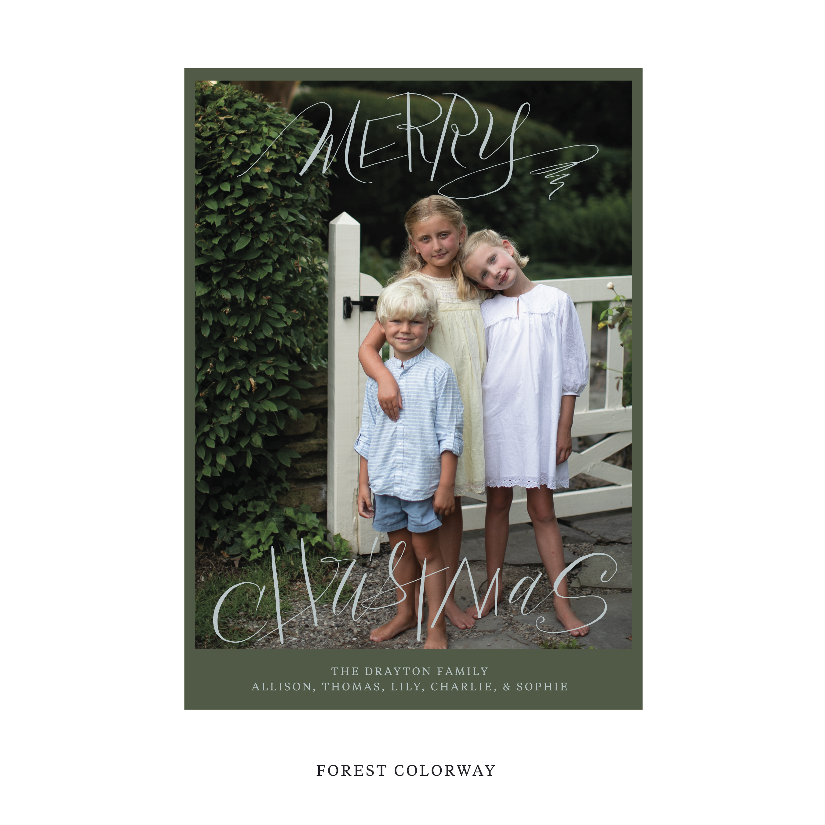 Celebrate the season with the Larkin "Merry Christmas" Holiday Card by Stovall Collection. Featuring original hand-lettered artwork, this luxury personalized photo mount holiday card is available in 22 thoughtfully curated flat printing colorways.