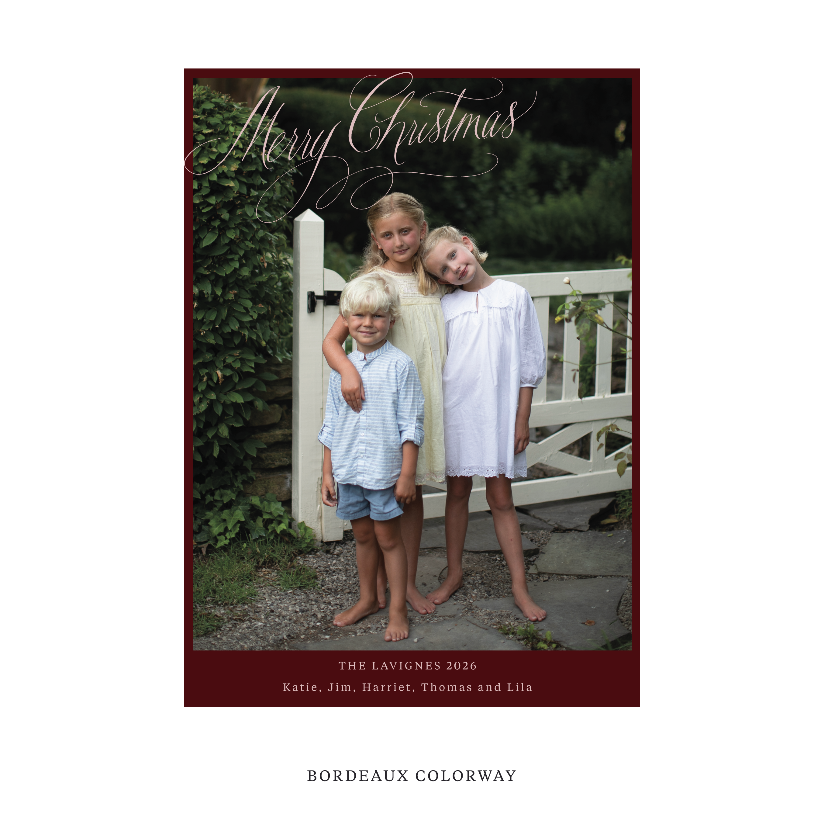 Celebrate the season with the Lavigne "Merry Christmas" Holiday Card by Stovall Collection. Featuring original hand-lettered artwork, this luxury personalized photo mount holiday card is available in 22 thoughtfully curated flat printing colorways.