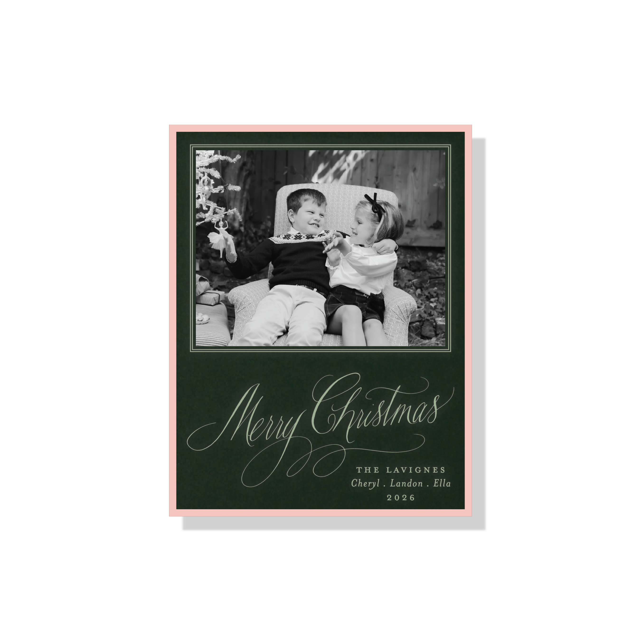 Lavigne Engraved Christmas Photo Card with a favorite family portrait, graceful “Merry Christmas” lettering, and raised engraved details.