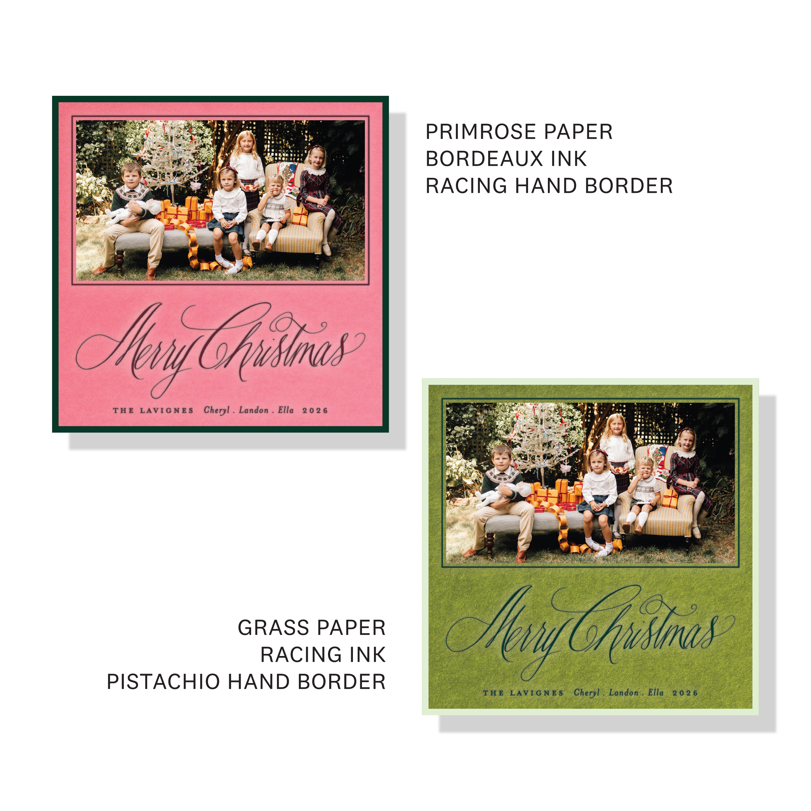 Personalized Lavigne Engraved Holiday Card featuring a family photograph and elegant pen-and-ink “Merry Christmas” artwork.