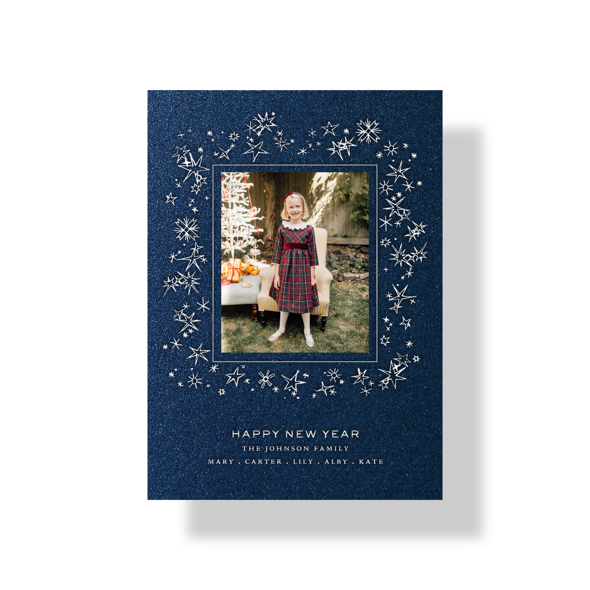 Leda engraved photo holiday card in lapis shimmer paper with metallic silver ink and celestial star details