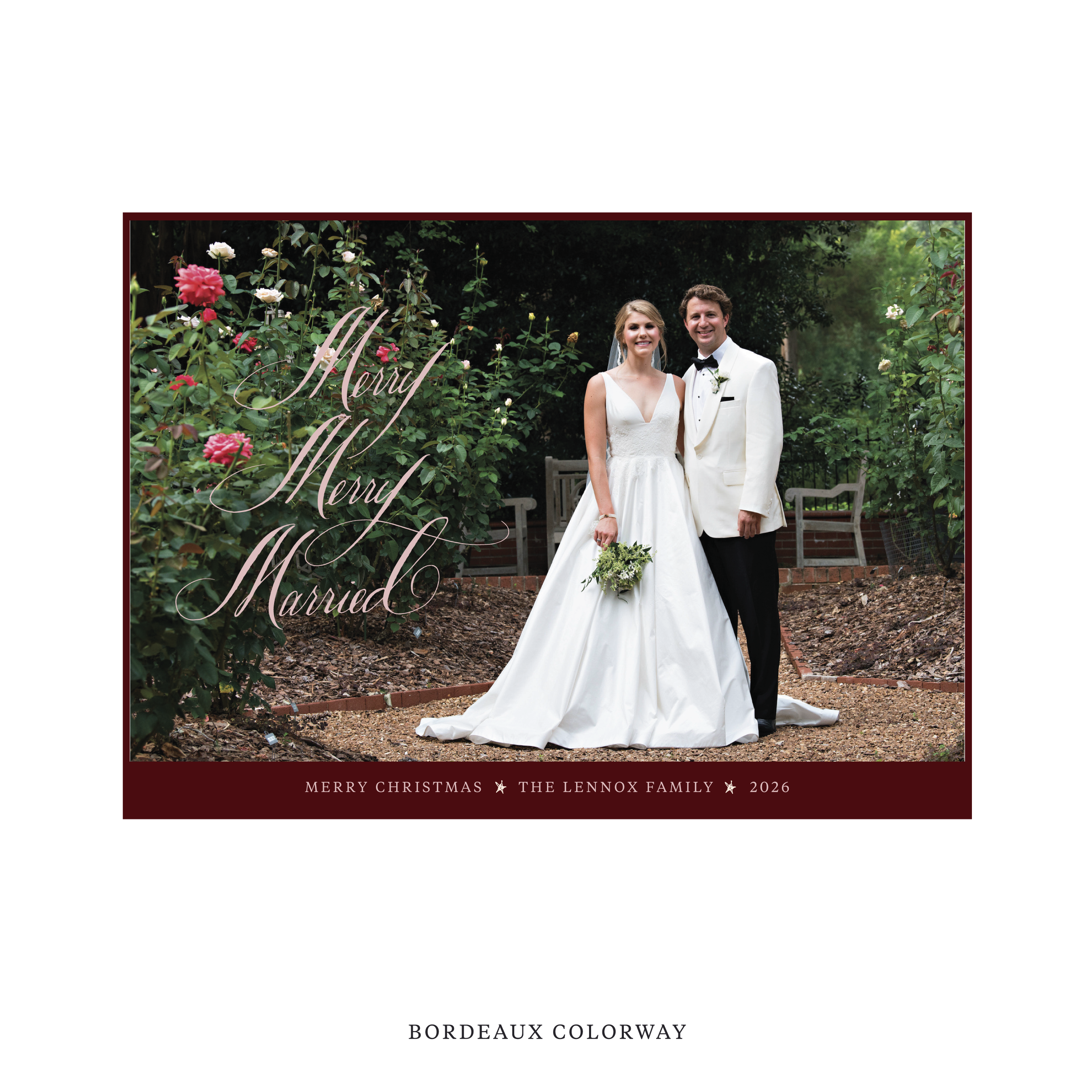 Celebrate the season with the Lennox "Merry Merry Married" Holiday Card by Stovall Collection. Featuring original hand-lettered artwork, this luxury personalized photo mount holiday card is available in 22 thoughtfully curated flat printing colorways.