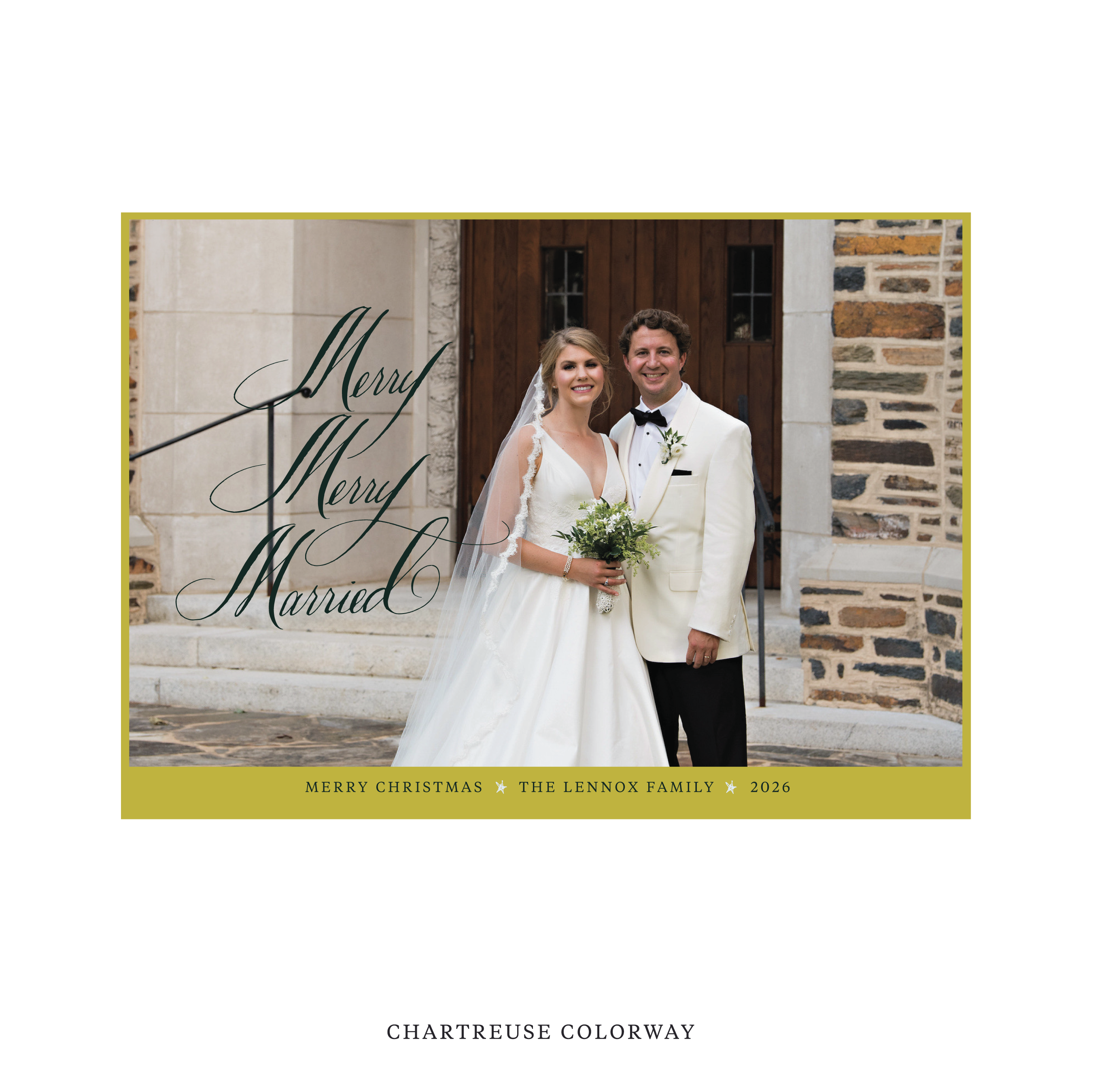 Celebrate the season with the Lennox "Merry Merry Married" Holiday Card by Stovall Collection. Featuring original hand-lettered artwork, this luxury personalized photo mount holiday card is available in 22 thoughtfully curated flat printing colorways.