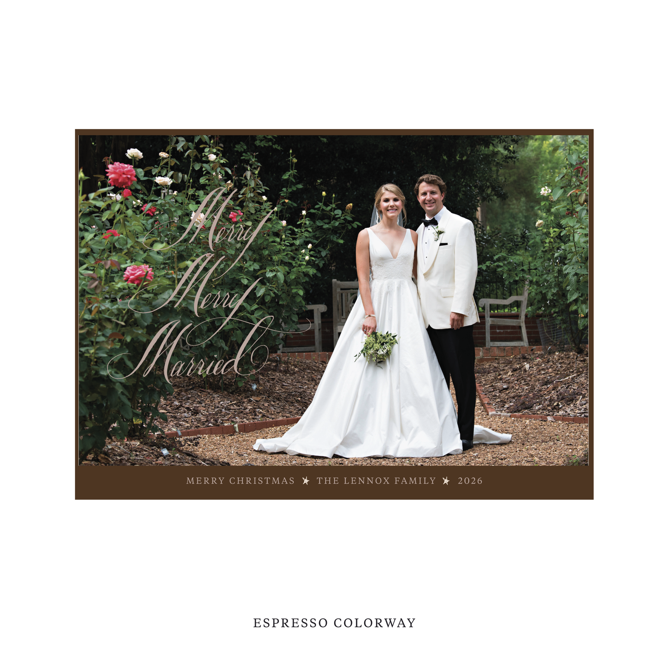 Celebrate the season with the Lennox "Merry Merry Married" Holiday Card by Stovall Collection. Featuring original hand-lettered artwork, this luxury personalized photo mount holiday card is available in 22 thoughtfully curated flat printing colorways.