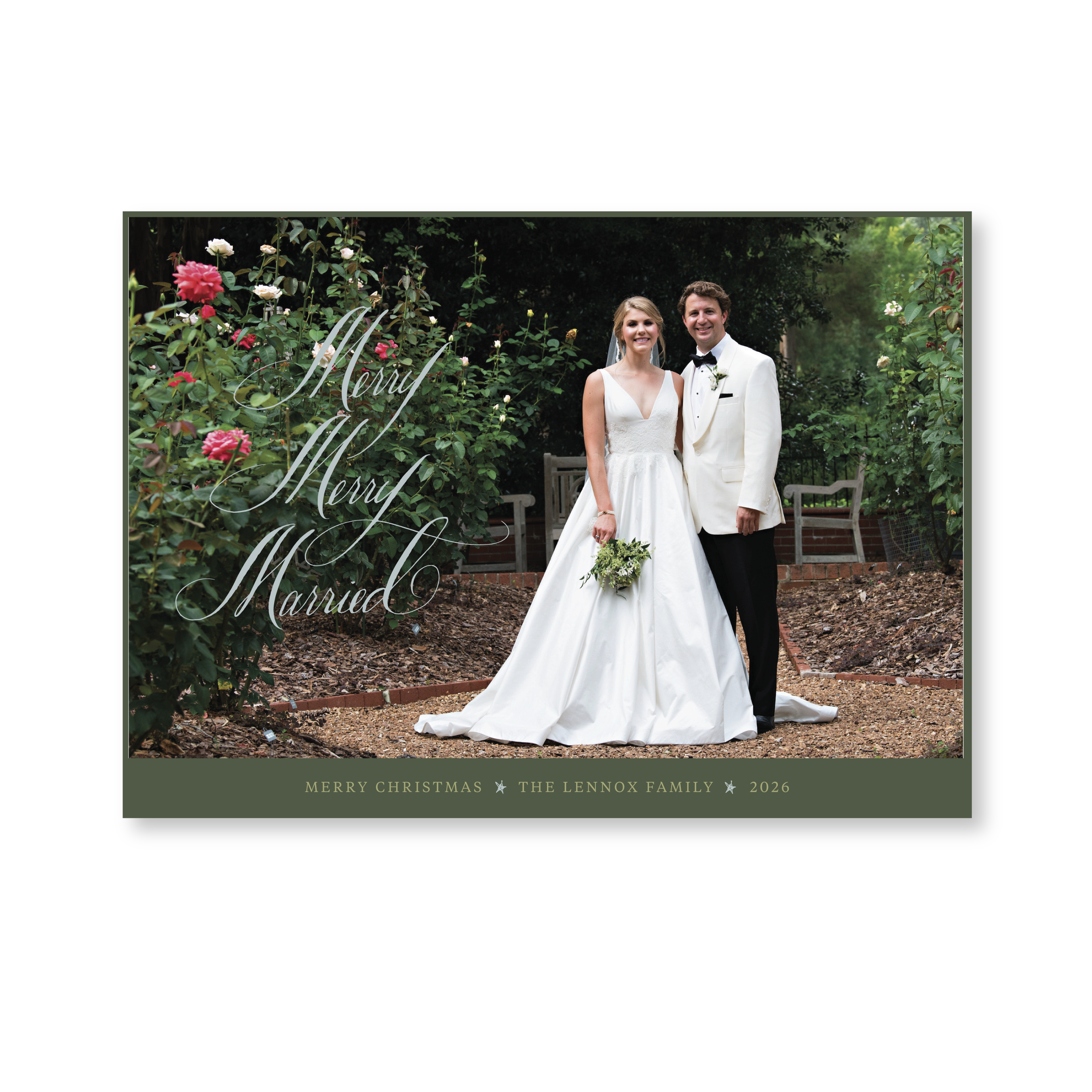 Celebrate the season with the Lennox "Merry Merry Married" Holiday Card by Stovall Collection. Featuring original hand-lettered artwork, this luxury personalized photo mount holiday card is available in 22 thoughtfully curated flat printing colorways.