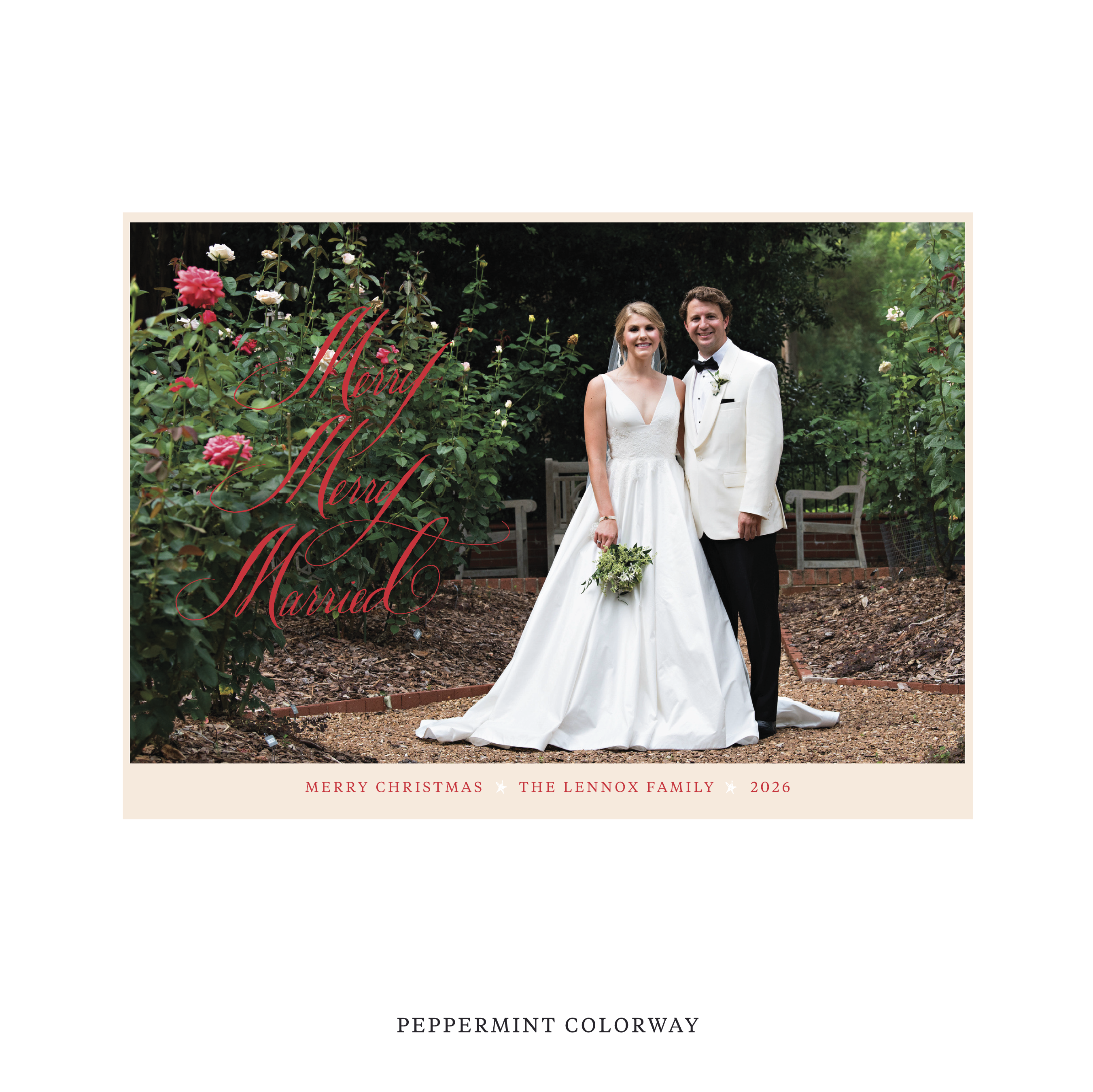 Celebrate the season with the Lennox "Merry Merry Married" Holiday Card by Stovall Collection. Featuring original hand-lettered artwork, this luxury personalized photo mount holiday card is available in 22 thoughtfully curated flat printing colorways.