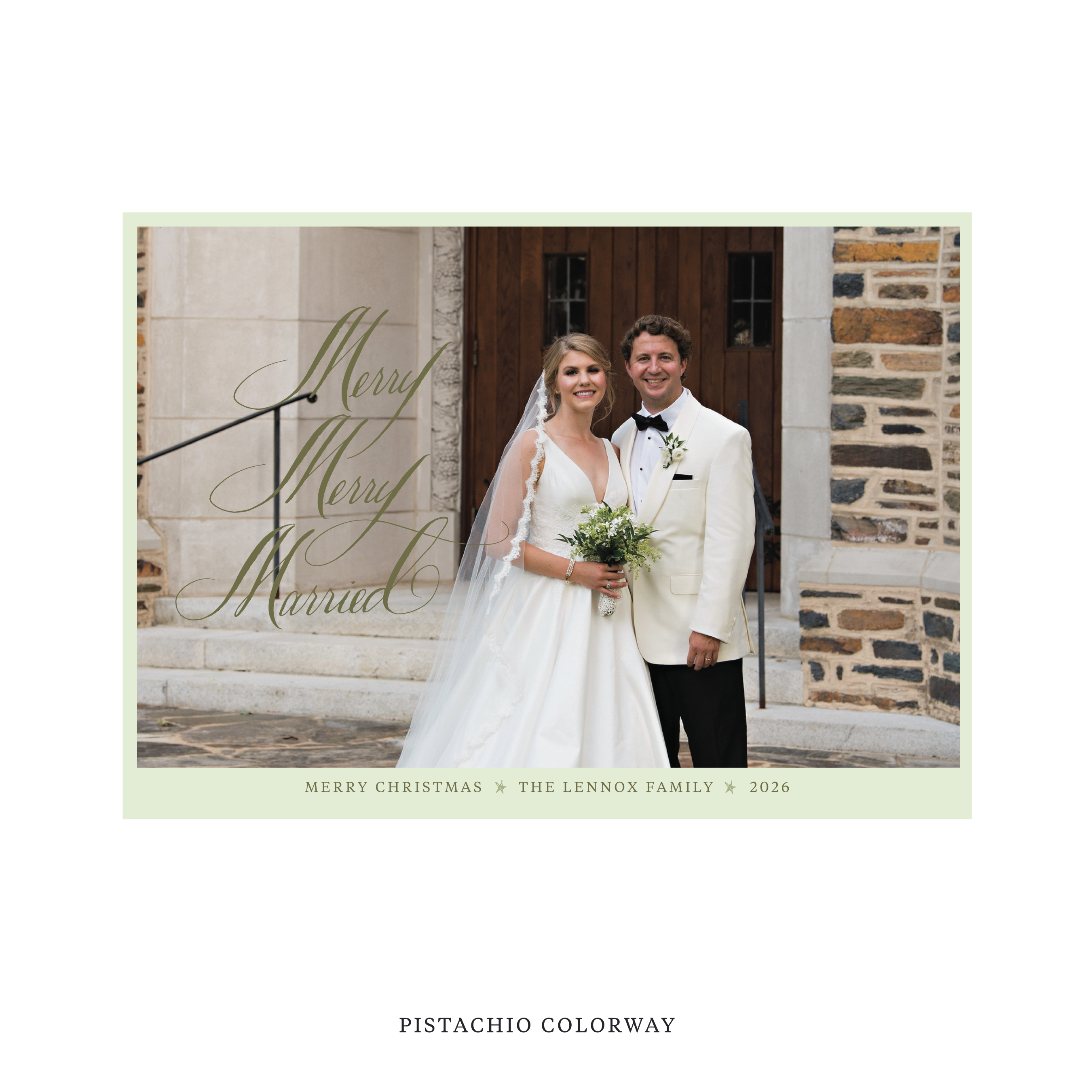 Celebrate the season with the Lennox "Merry Merry Married" Holiday Card by Stovall Collection. Featuring original hand-lettered artwork, this luxury personalized photo mount holiday card is available in 22 thoughtfully curated flat printing colorways.