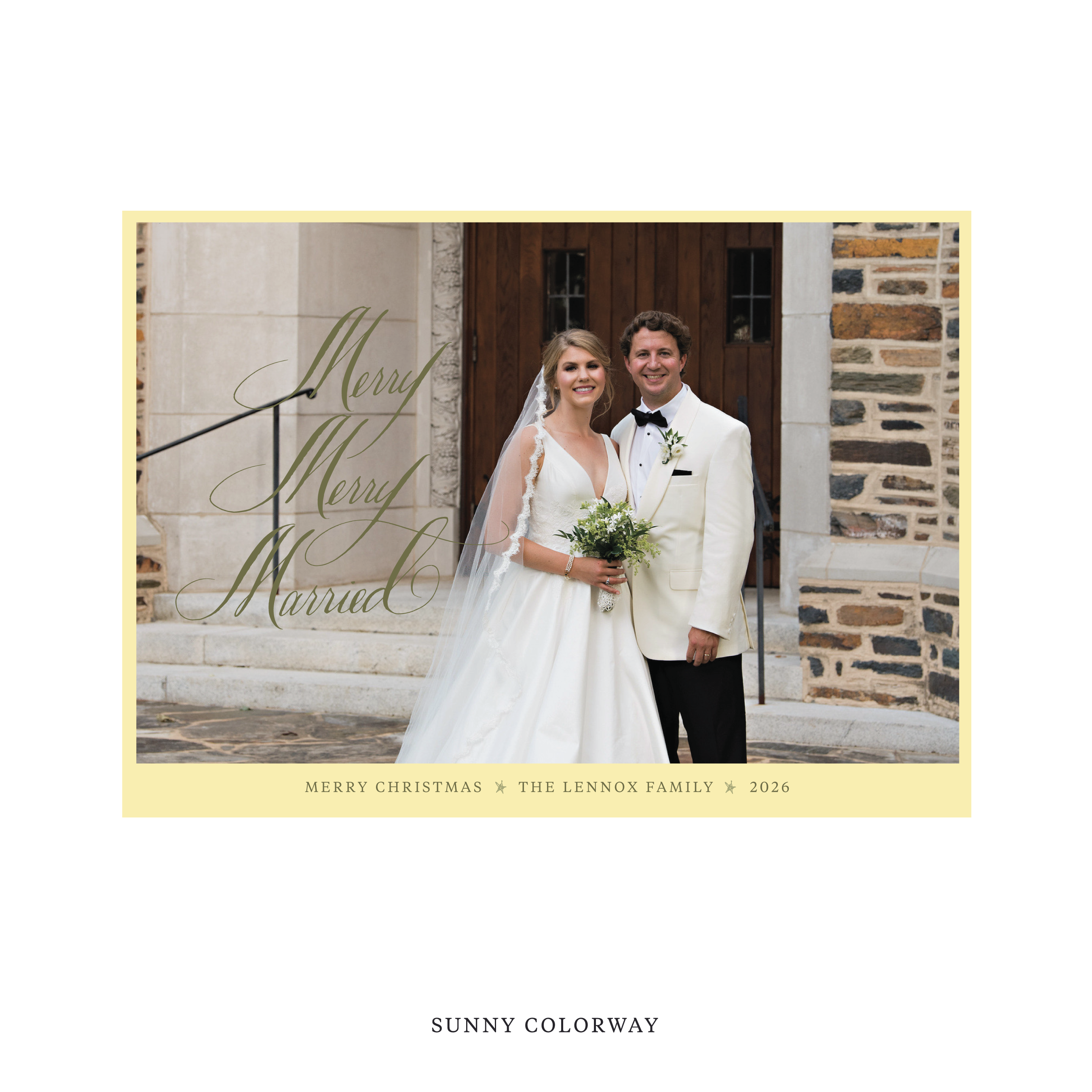 Celebrate the season with the Lennox "Merry Merry Married" Holiday Card by Stovall Collection. Featuring original hand-lettered artwork, this luxury personalized photo mount holiday card is available in 22 thoughtfully curated flat printing colorways.