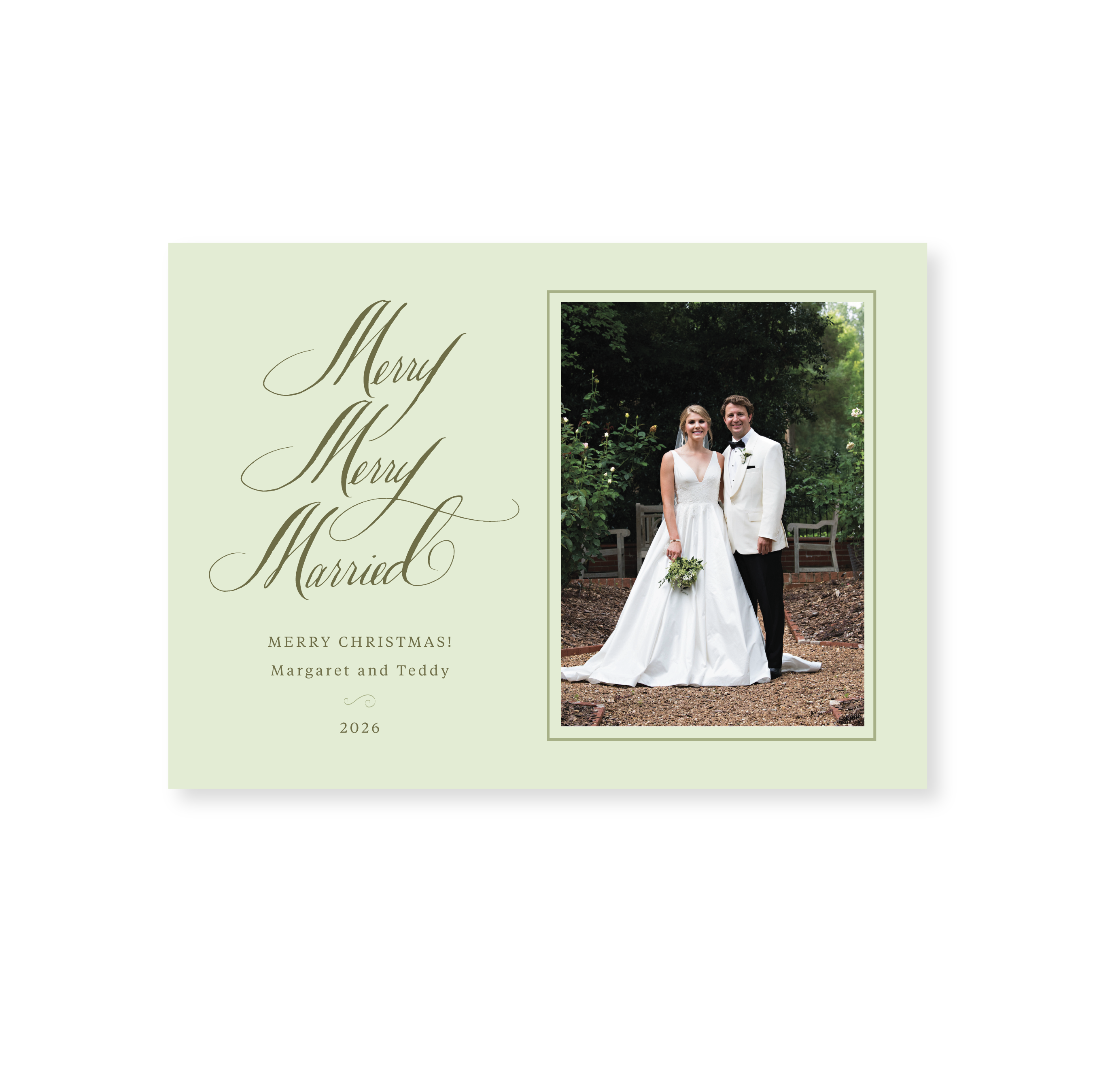 Lennox Classic Flat Print newlywed holiday card featuring original pen-and-ink "Merry Merry Married" artwork by Stovall Collection.