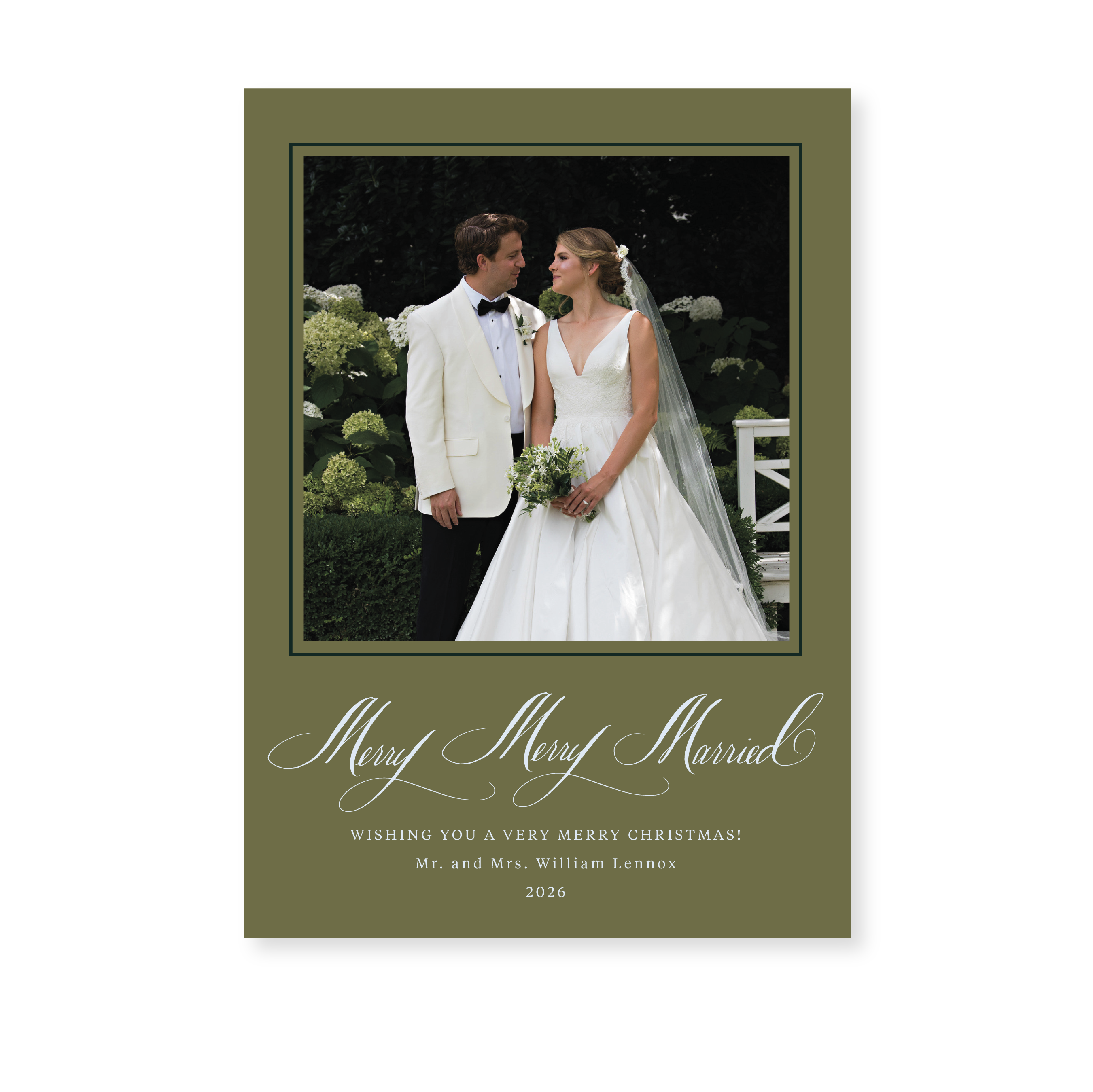 Lennox Classic Flat Print newlywed holiday card featuring original pen-and-ink "Merry Merry Married" artwork by Stovall Collection.