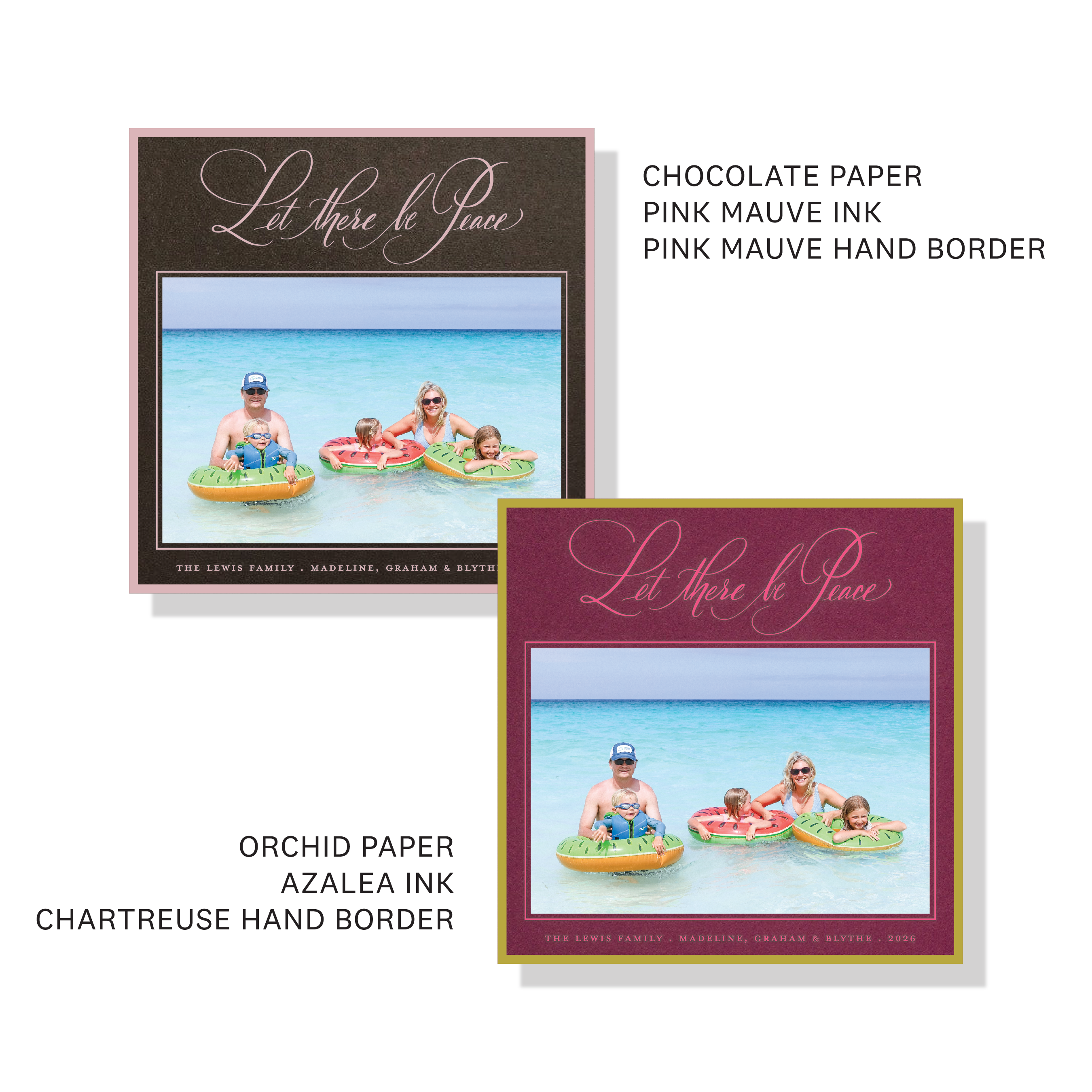 Lewis Engraved Holiday Card featuring hand-lettered “Let There Be Peace” artwork, a favorite family photograph, and traditional engraving.