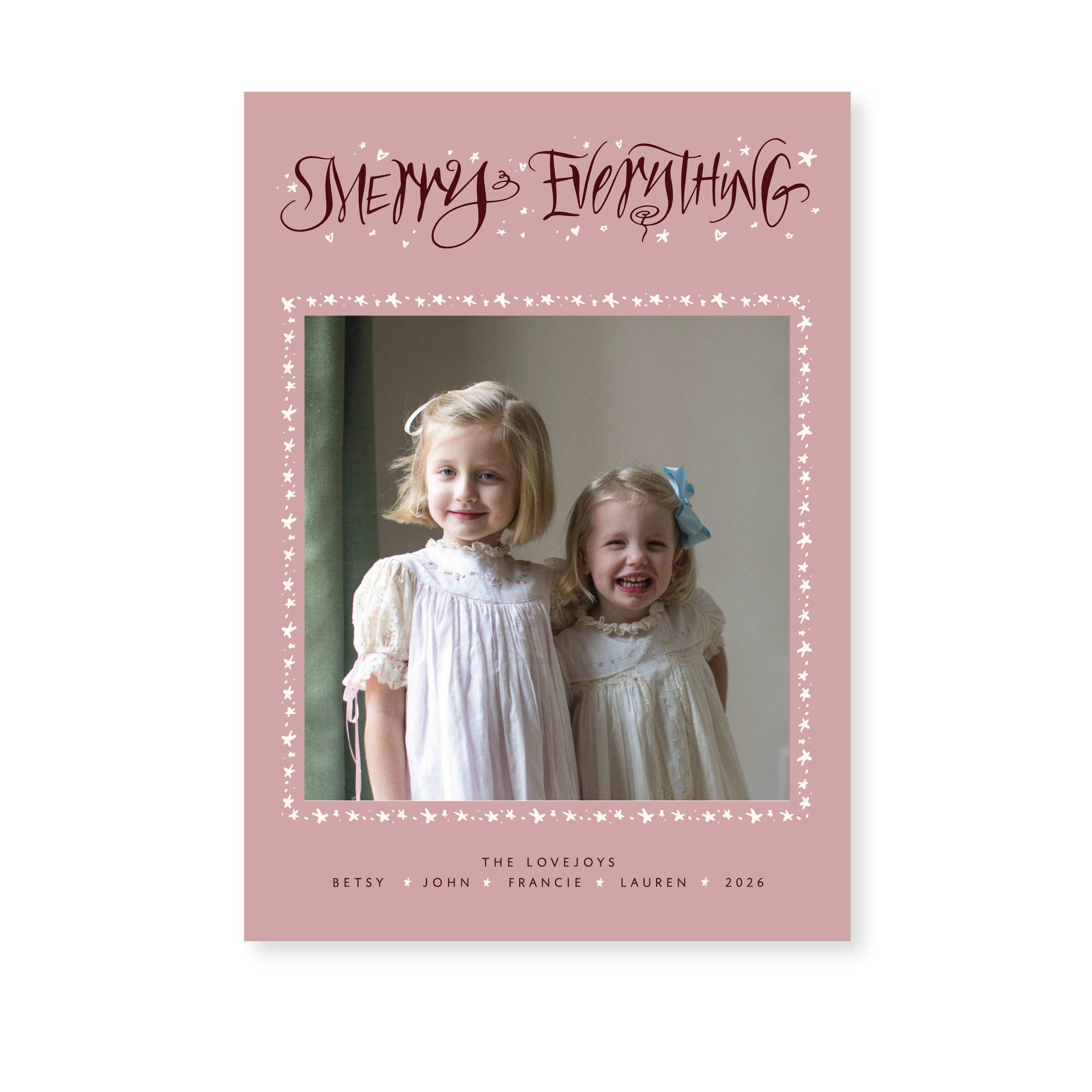 Ansley Classic Flat Print Merry Everything photo mount holiday card featuring original hand-lettered artwork by Stovall Collection.